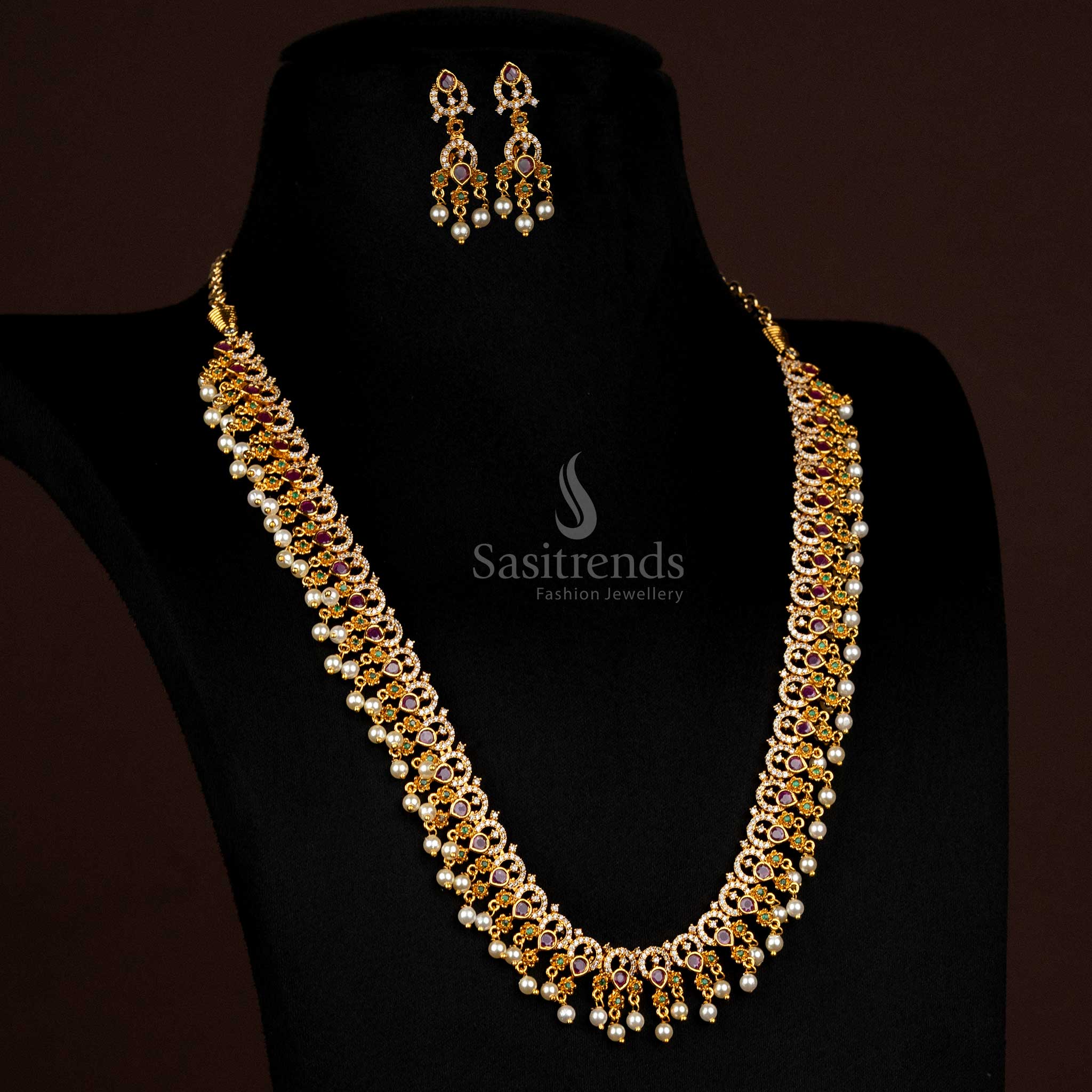 Trendy Necklace With Long Haram Party Wear Necklace Jewellery Set | Matte Gold Plated Floral AD Jewellery for Women | Sasitrends - Image 2