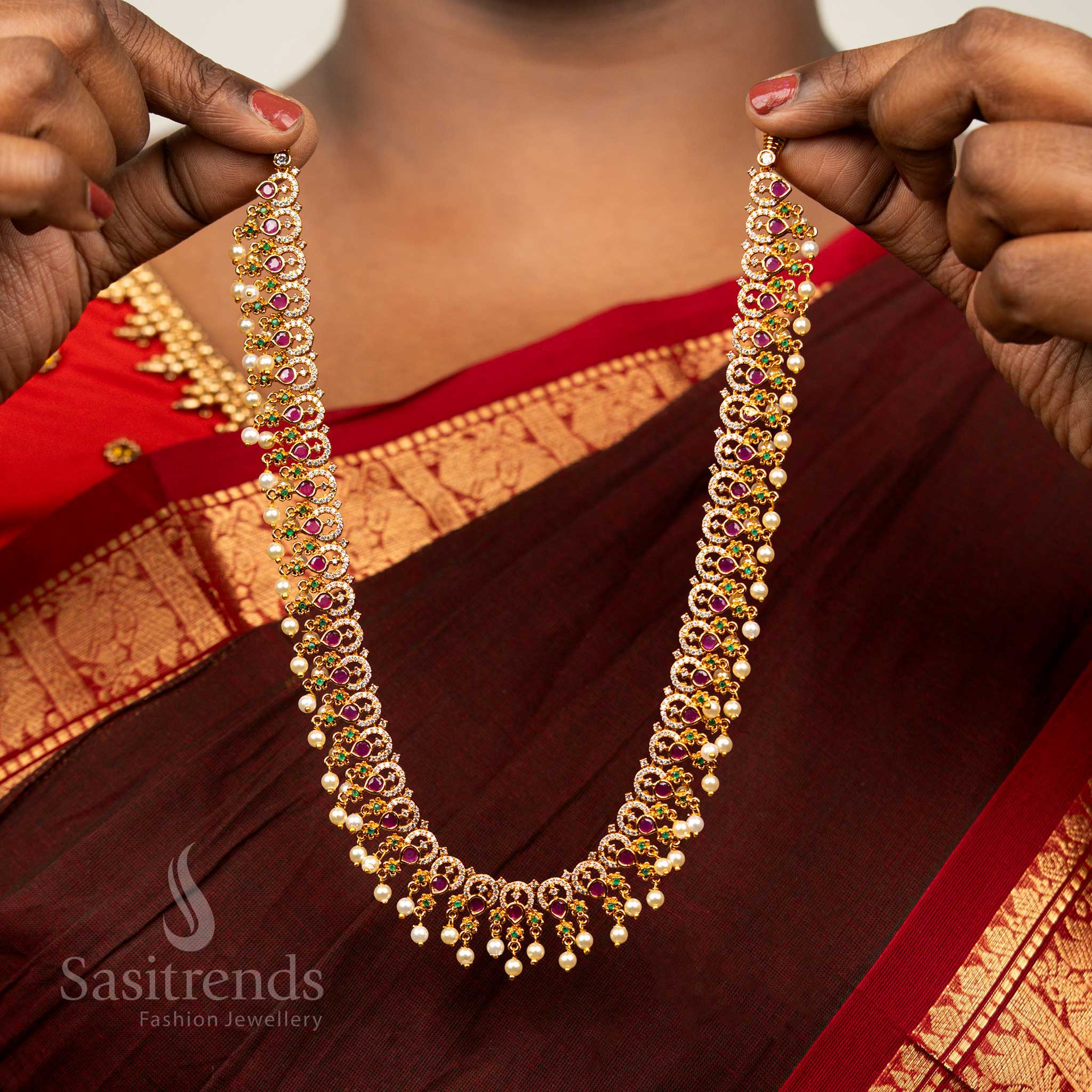 Trendy Necklace With Long Haram Party Wear Necklace Jewellery Set | Matte Gold Plated Floral AD Jewellery for Women | Sasitrends - Image 3