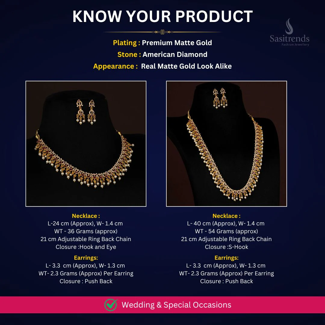 Trendy Necklace With Long Haram Party Wear Necklace Jewellery Set | Matte Gold Plated Floral AD Jewellery for Women | Sasitrends - Image 4
