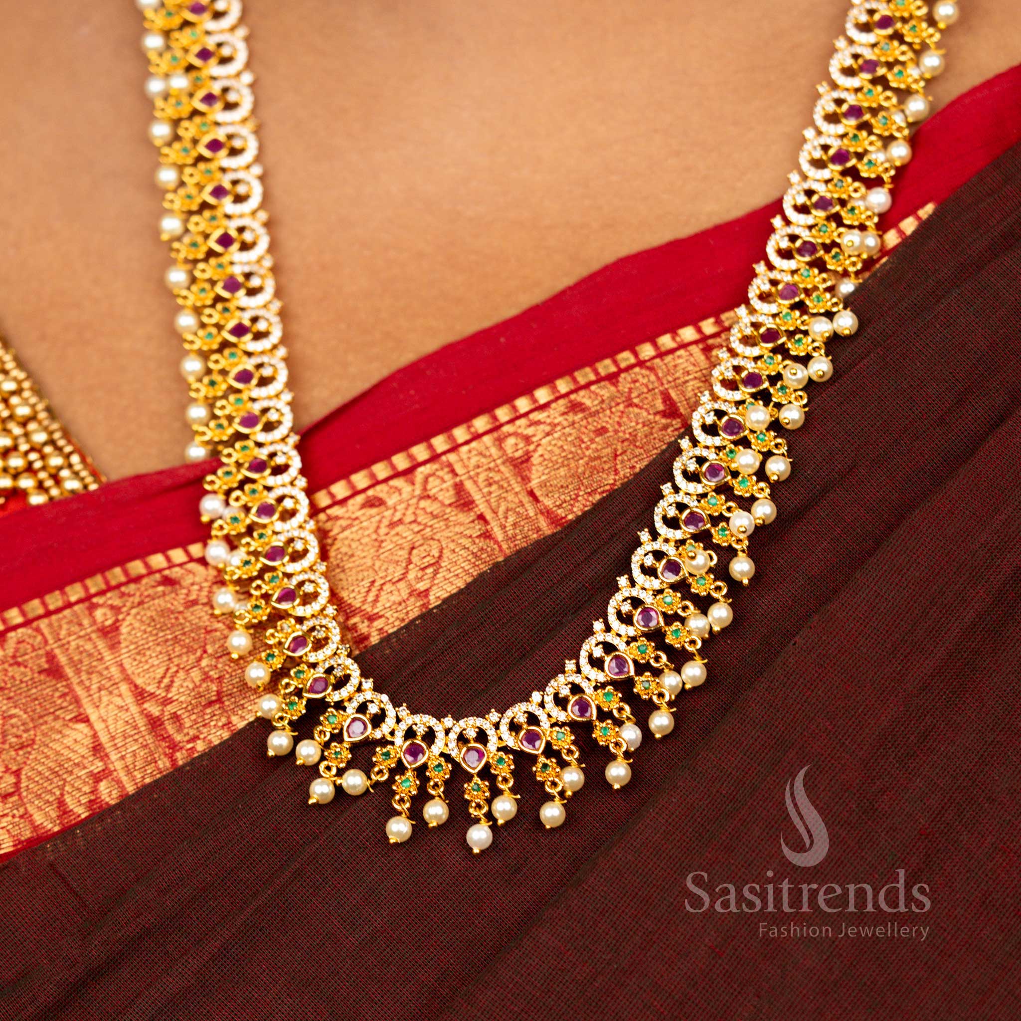 Trendy Necklace With Long Haram Party Wear Necklace Jewellery Set | Matte Gold Plated Floral AD Jewellery for Women | Sasitrends - Image 5
