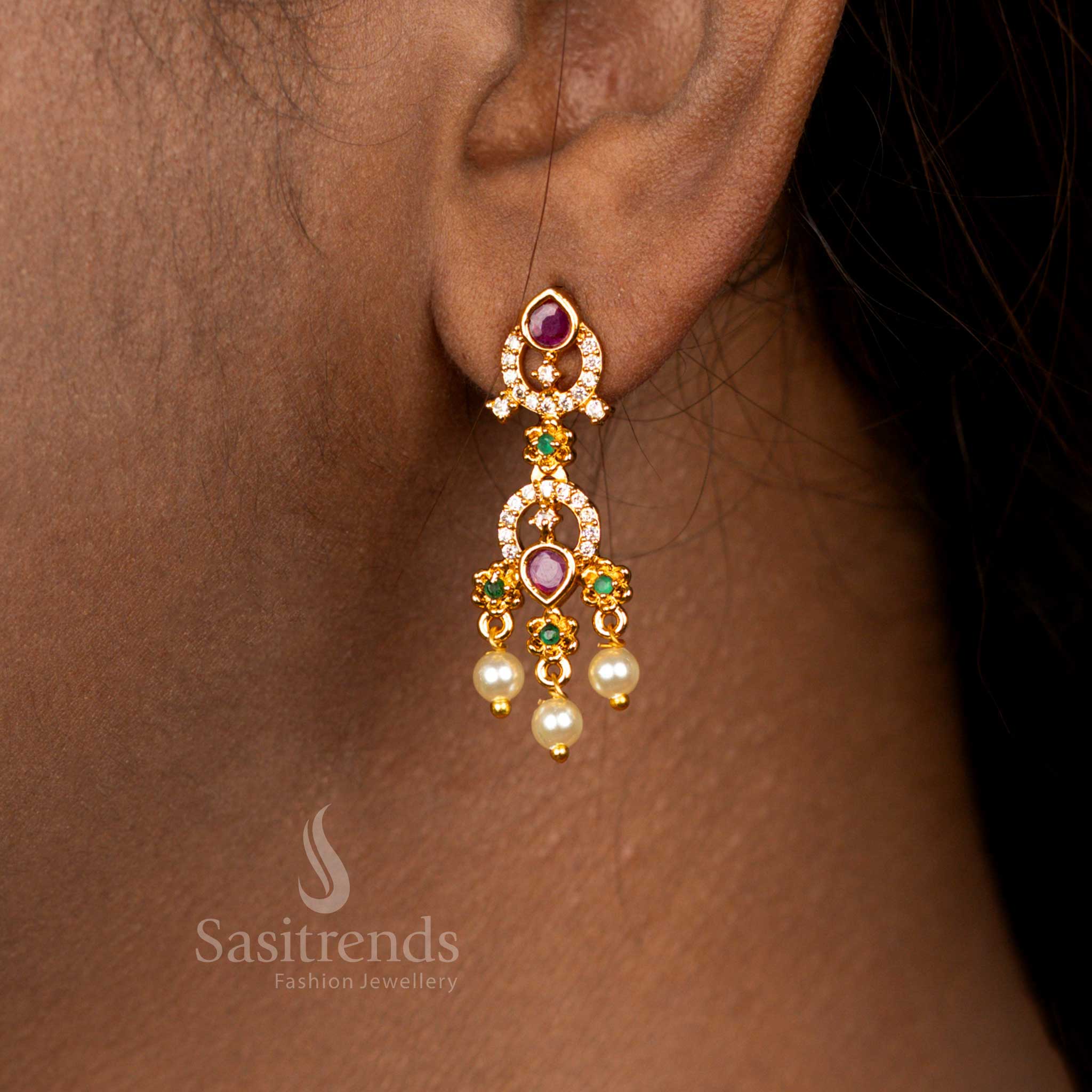 Trendy Necklace With Long Haram Party Wear Necklace Jewellery Set | Matte Gold Plated Floral AD Jewellery for Women | Sasitrends - Image 6