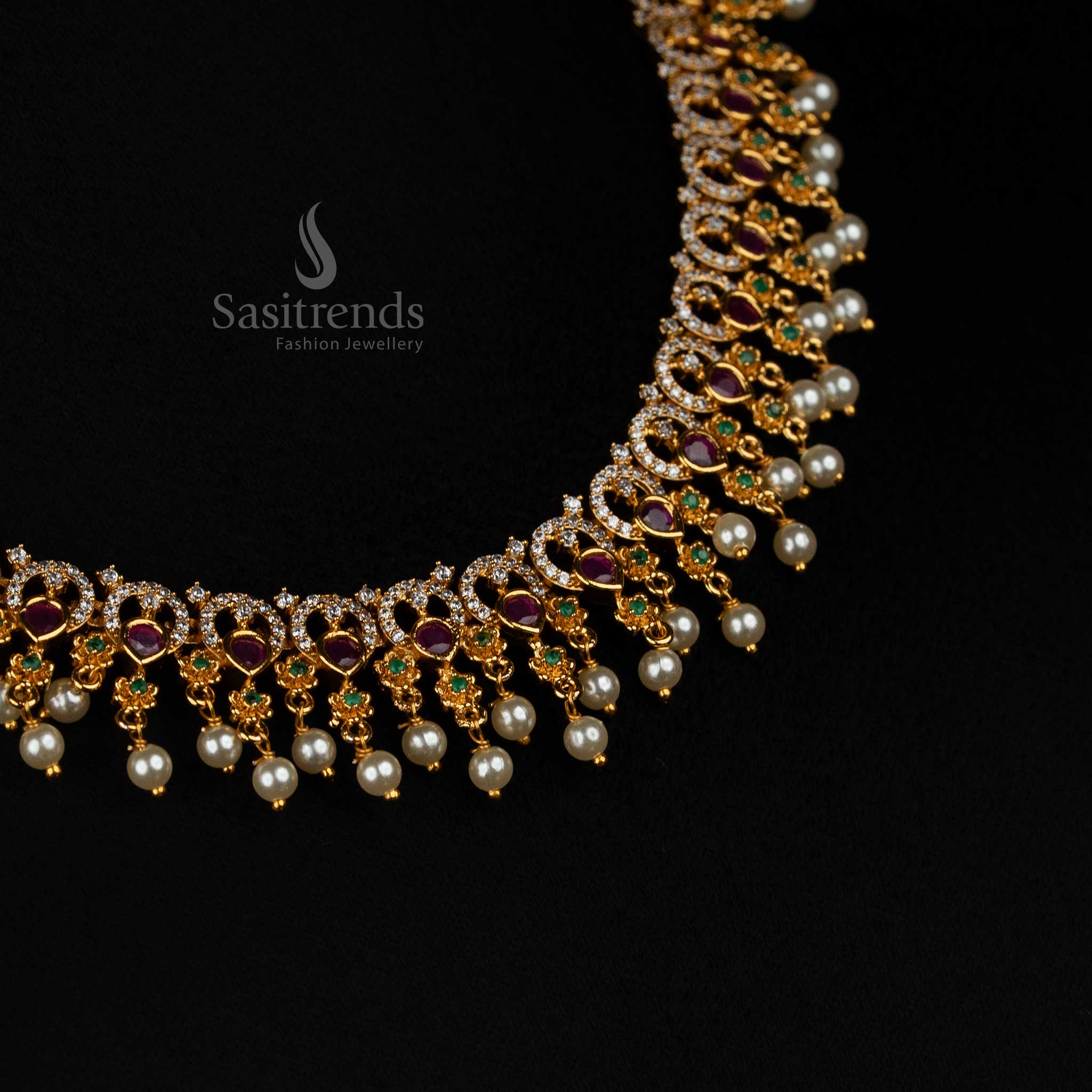 Trendy Necklace With Long Haram Party Wear Necklace Jewellery Set | Matte Gold Plated Floral AD Jewellery for Women | Sasitrends - Image 7