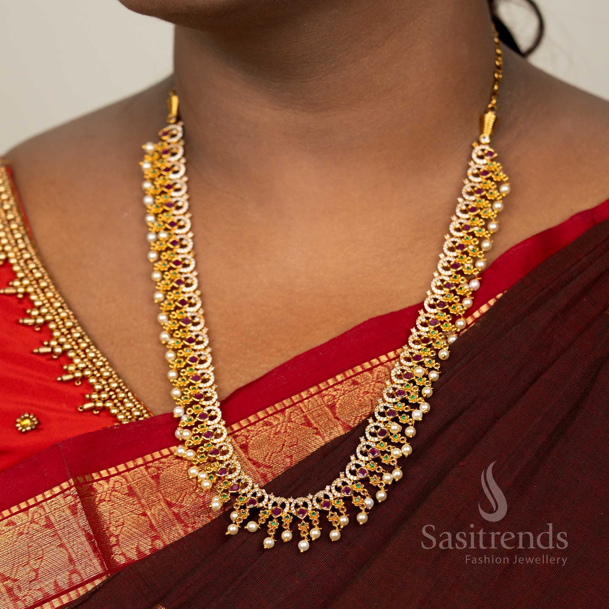 Trendy Necklace With Long Haram Party Wear Necklace Jewellery Set | Matte Gold Plated Floral AD Jewellery for Women | Sasitrends - Image 8