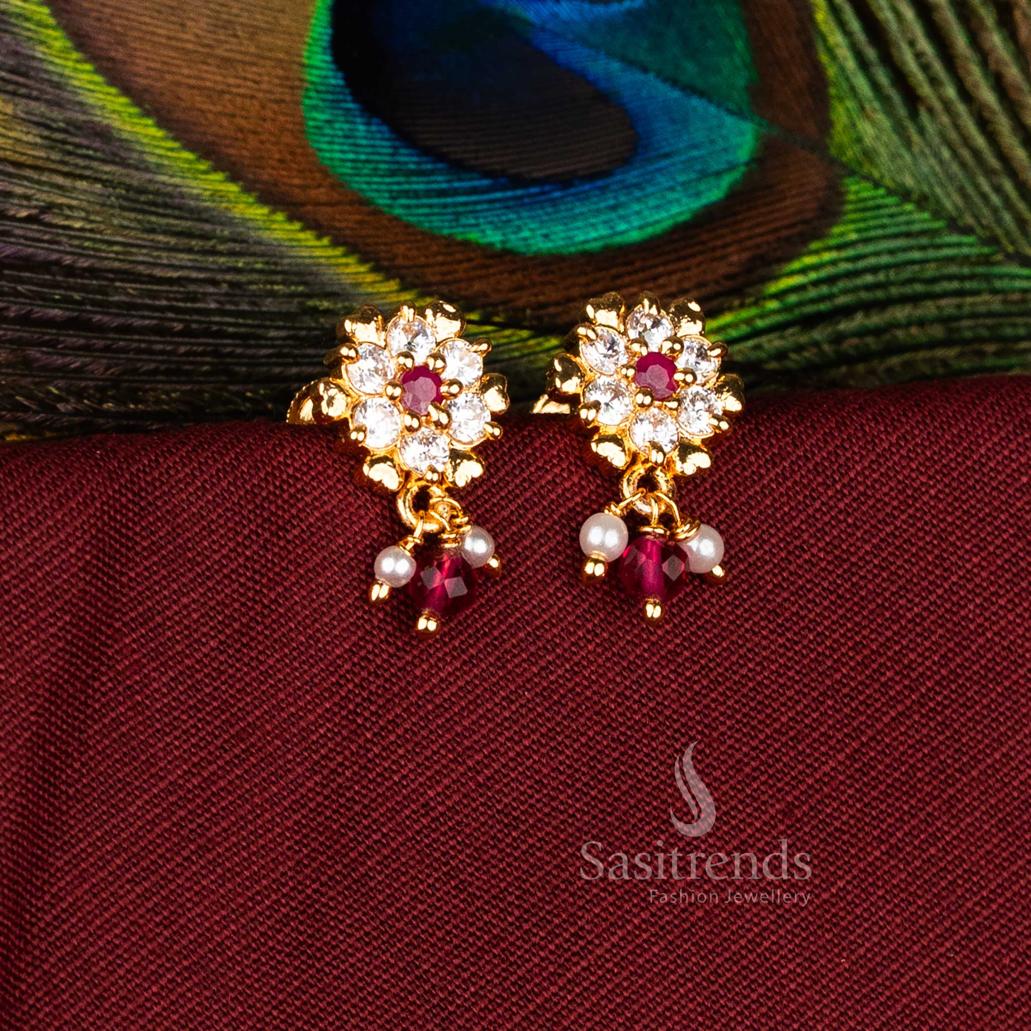 Luminous Micro Gold Plated AD Starburst Rosette Dangle Earrings with Pearl Drops for Festive and Wedding Wear – Guaranteed - Image 4