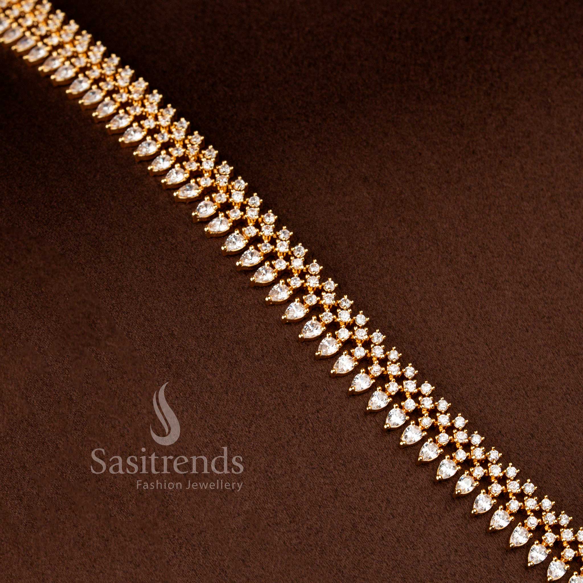 Lustrous American Diamond Micro Gold Plated Marquise Cut Teardrop Necklace Set for Celebratory Wear - Image 6