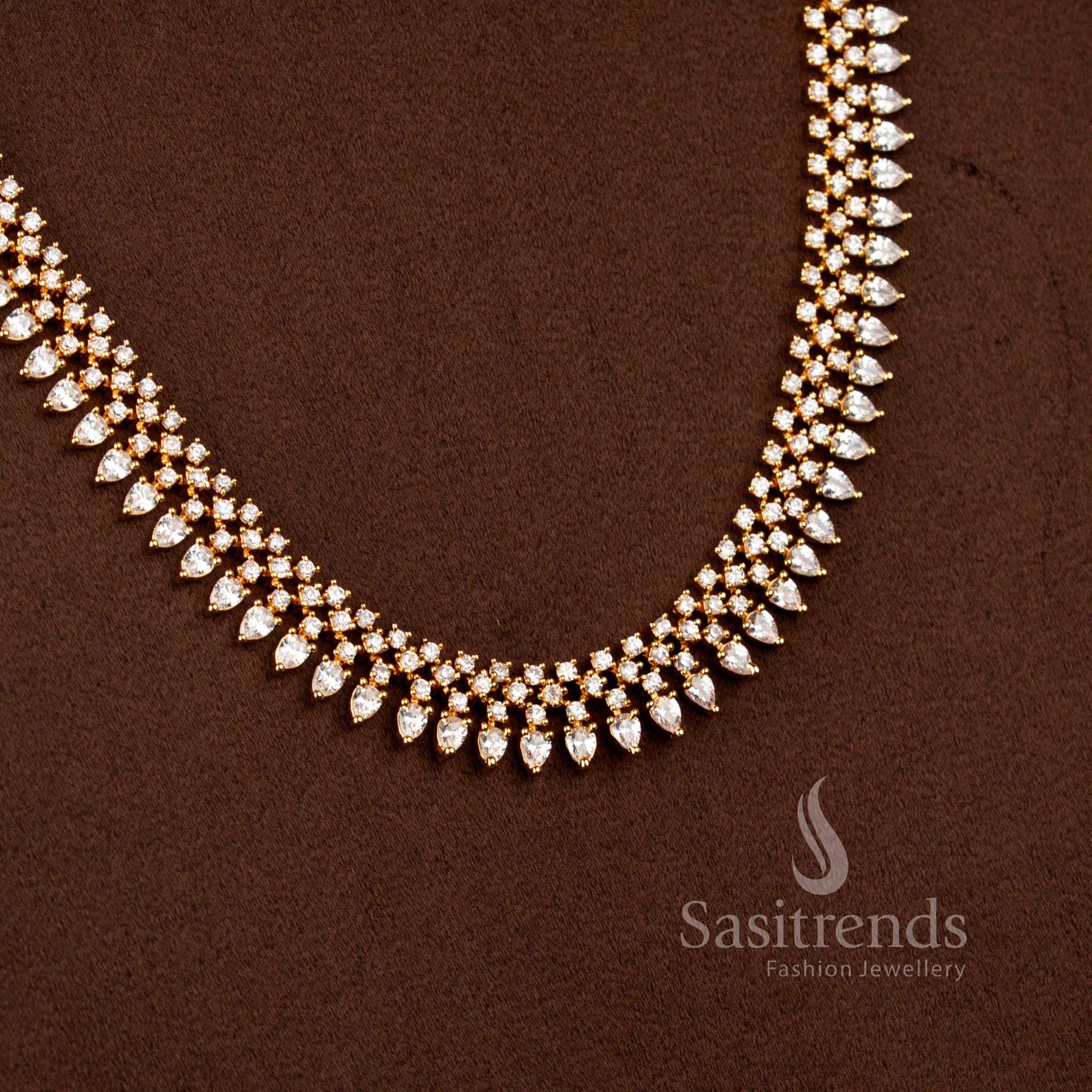Lustrous American Diamond Micro Gold Plated Marquise Cut Teardrop Necklace Set for Celebratory Wear - Image 8