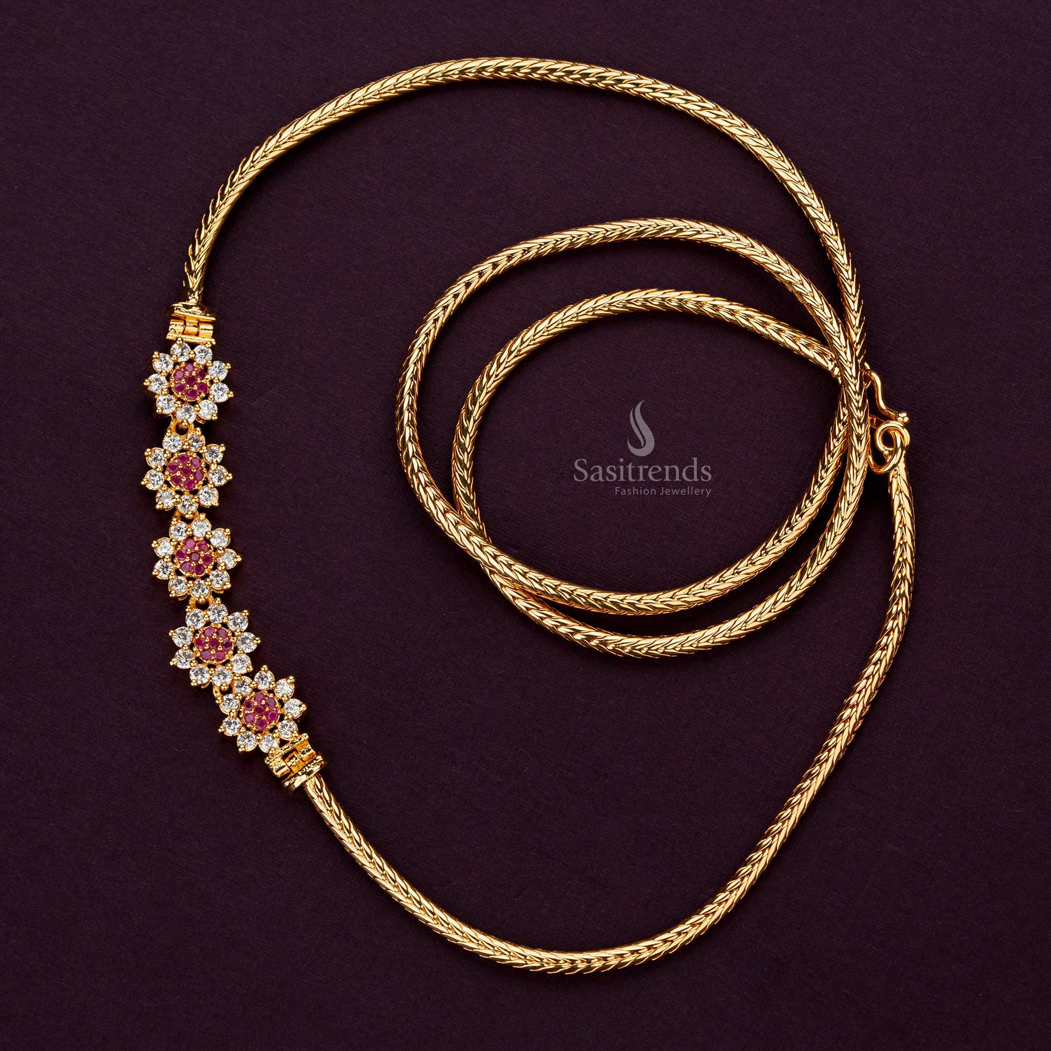 Guaranteed One Gram Micro Gold Plated 5-Flower Peacock Mugappu Chain with AD Stones - Sasitrends - Image 7
