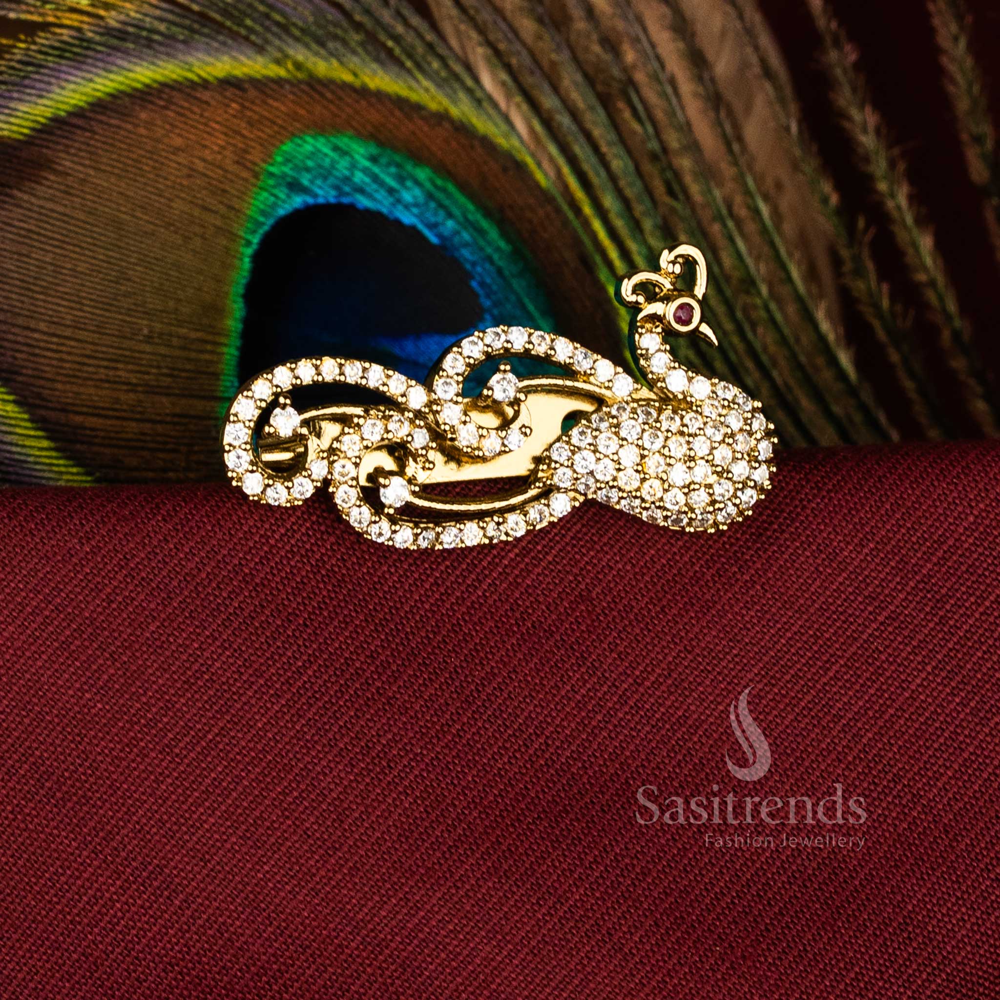 Luxurious American Diamond Peacock Cluster Saree Pin with Micro Gold and Mahendi Finish for Bridal, Festive Wear - Image 2