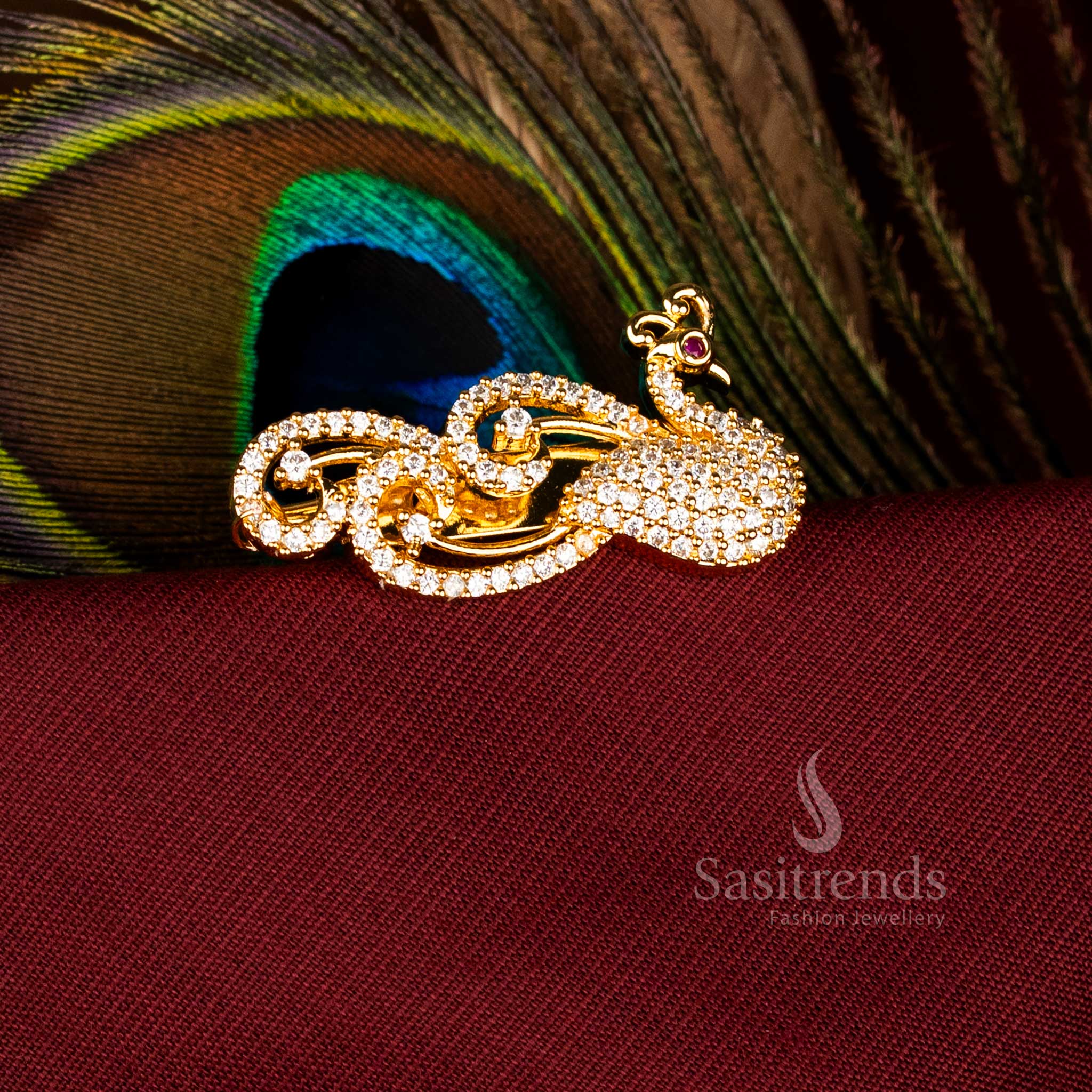 Luxurious American Diamond Peacock Cluster Saree Pin with Micro Gold and Mahendi Finish for Bridal, Festive Wear - Image 3