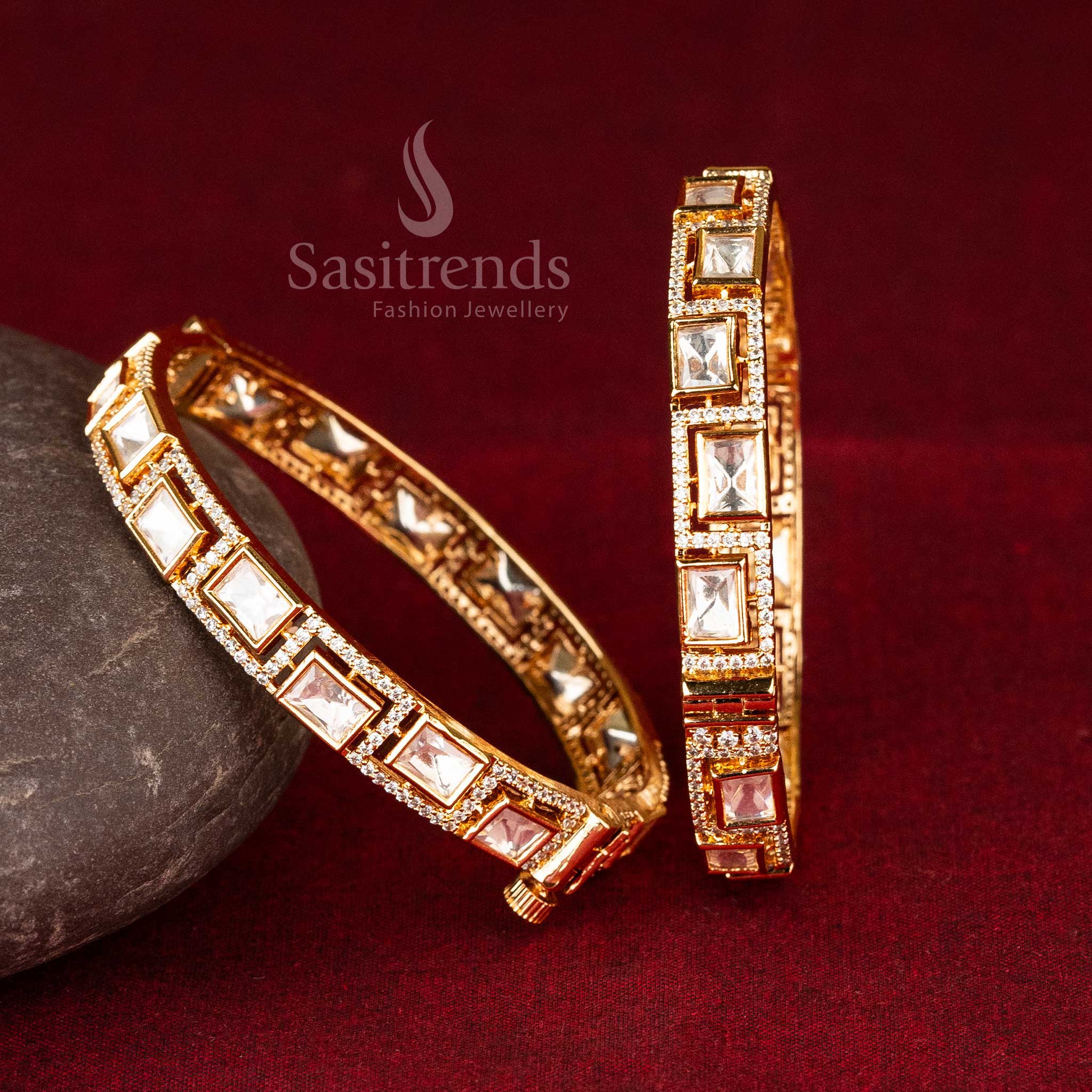 Sasitrends | Luxurious High Gold Plated Rectangular Kundan Bangles with Premium American Diamond Kundan Stones - Screw Type Openable