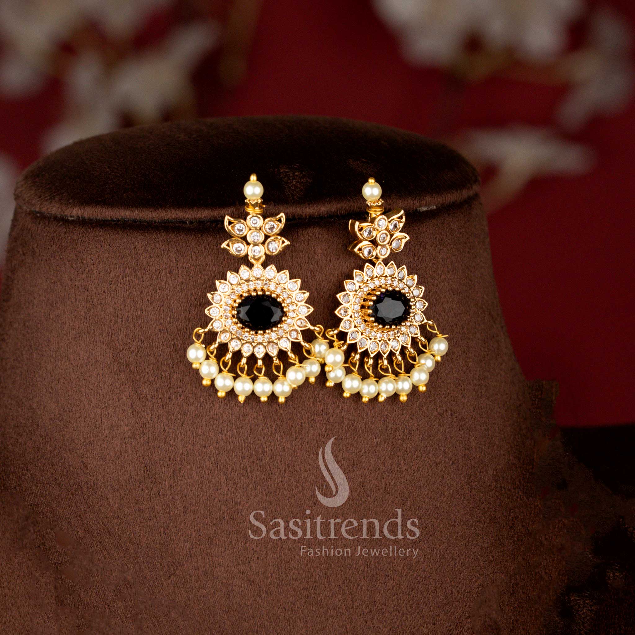 Luxurious Matte Gold Plated American Diamond Oval Linked Necklace Set with Cascading Paisley Stones and Pearls – Sasitrends - Image 11
