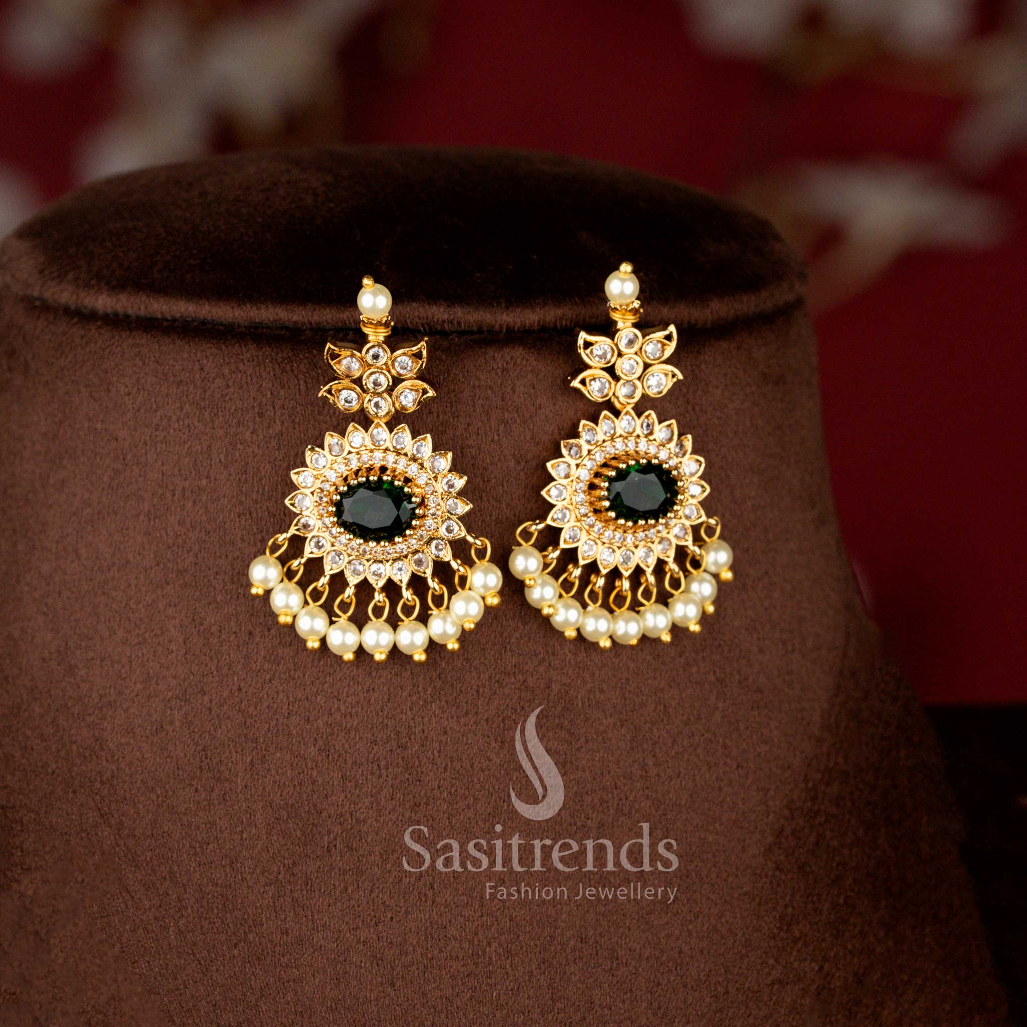 Luxurious Matte Gold Plated American Diamond Oval Linked Necklace Set with Cascading Paisley Stones and Pearls – Sasitrends - Image 12