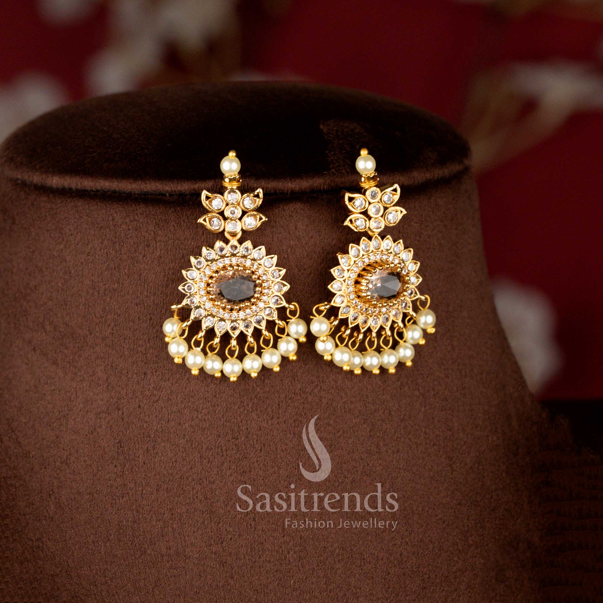 Luxurious Matte Gold Plated American Diamond Oval Linked Necklace Set with Cascading Paisley Stones and Pearls – Sasitrends - Image 13