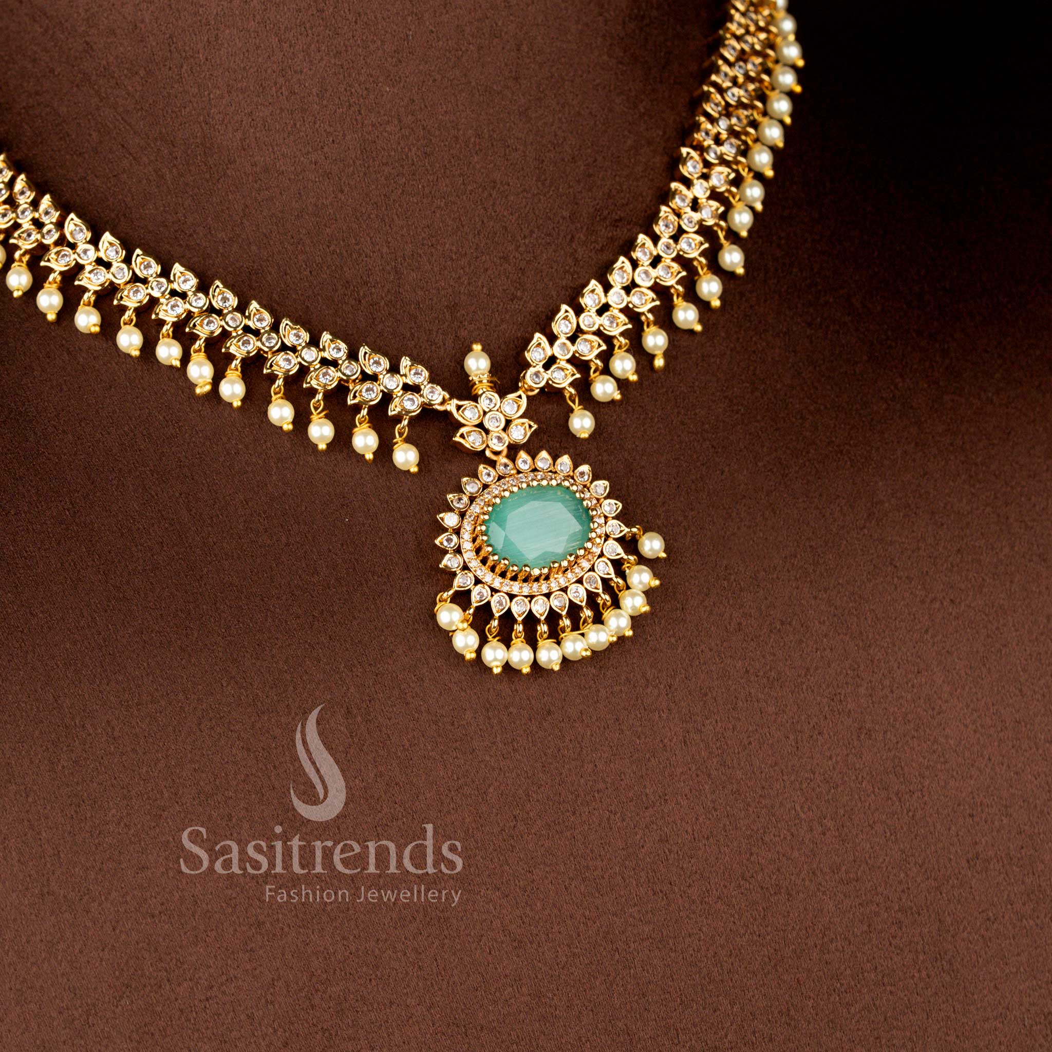 Luxurious Matte Gold Plated American Diamond Oval Linked Necklace Set with Cascading Paisley Stones and Pearls – Sasitrends - Image 15