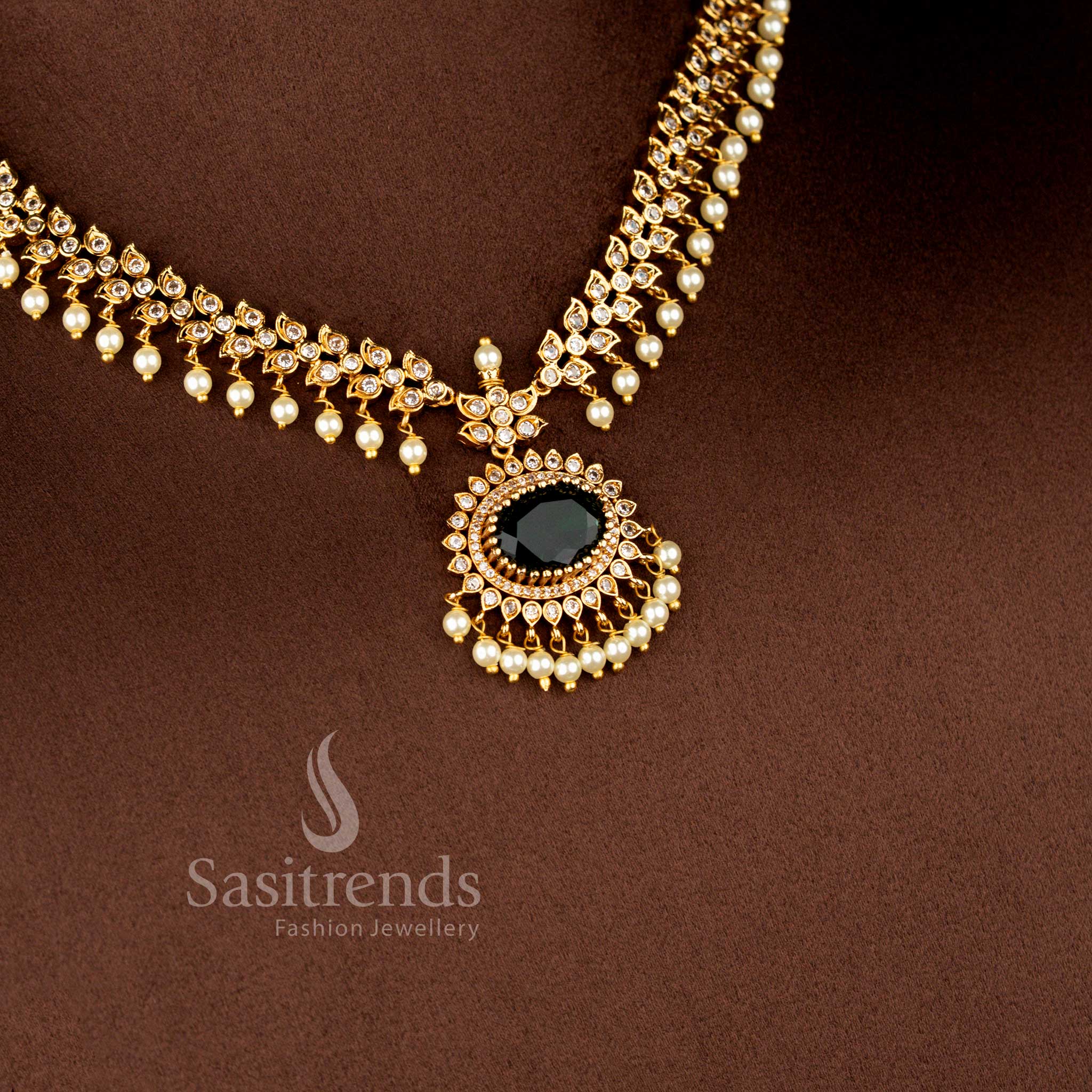 Luxurious Matte Gold Plated American Diamond Oval Linked Necklace Set with Cascading Paisley Stones and Pearls – Sasitrends - Image 17