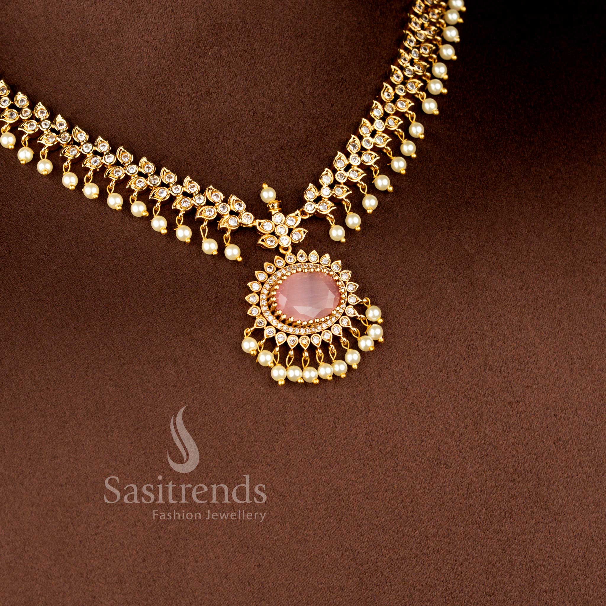 Luxurious Matte Gold Plated American Diamond Oval Linked Necklace Set with Cascading Paisley Stones and Pearls – Sasitrends - Image 18