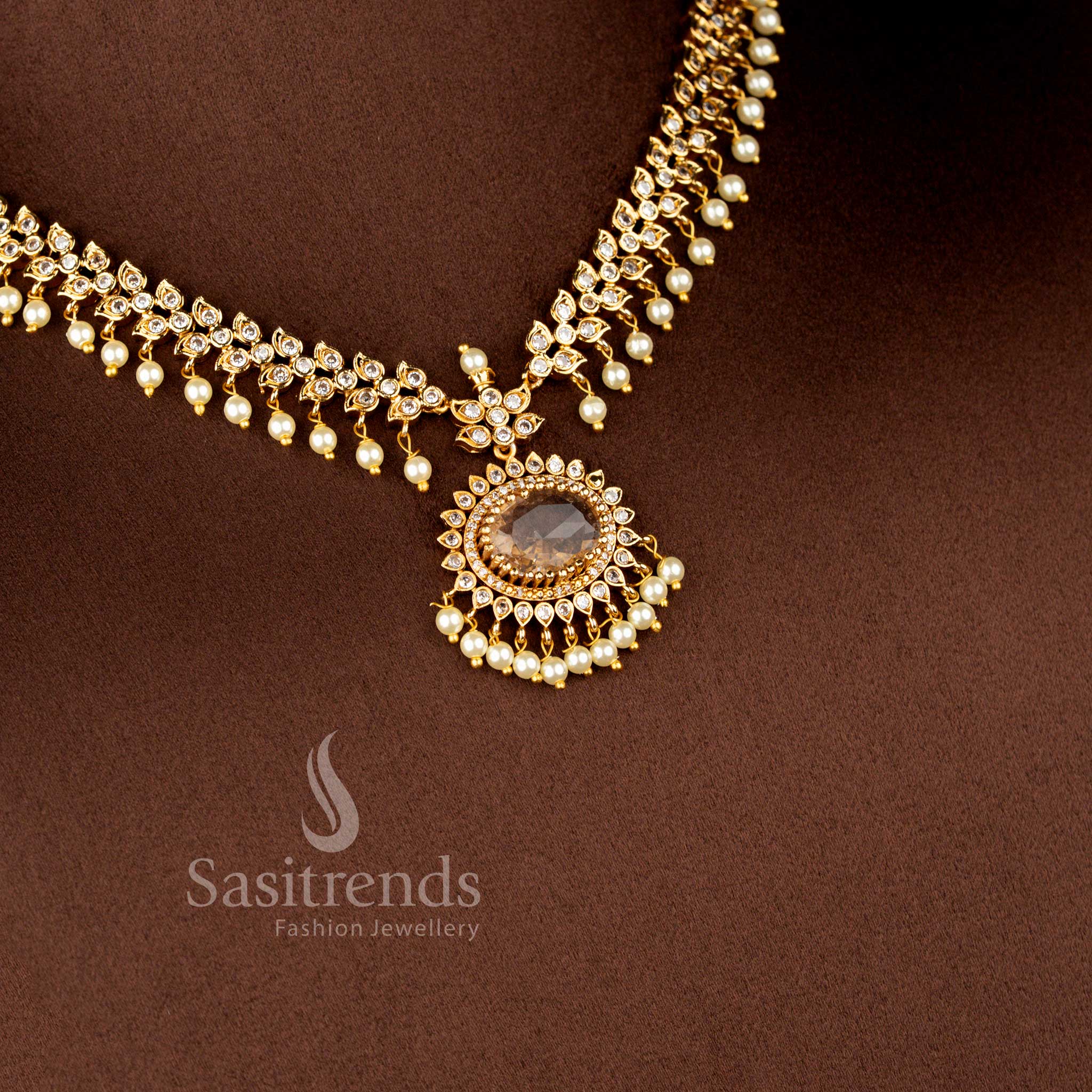 Luxurious Matte Gold Plated American Diamond Oval Linked Necklace Set with Cascading Paisley Stones and Pearls – Sasitrends - Image 19