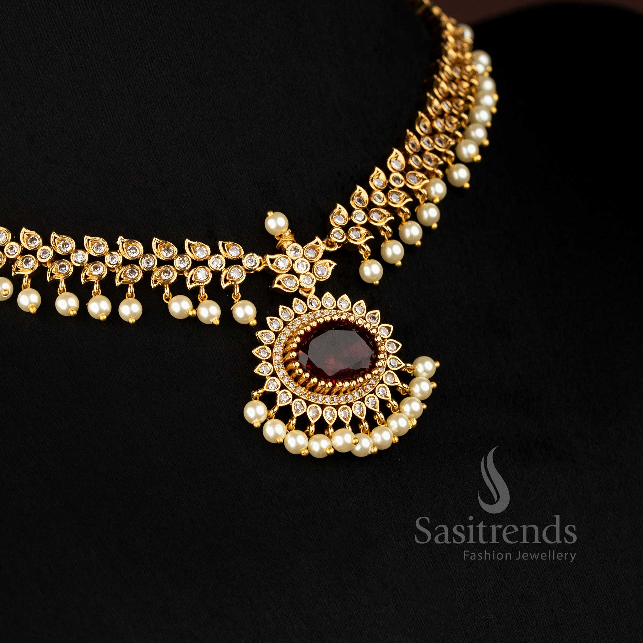 Luxurious Matte Gold Plated American Diamond Oval Linked Necklace Set with Cascading Paisley Stones and Pearls – Sasitrends - Image 2