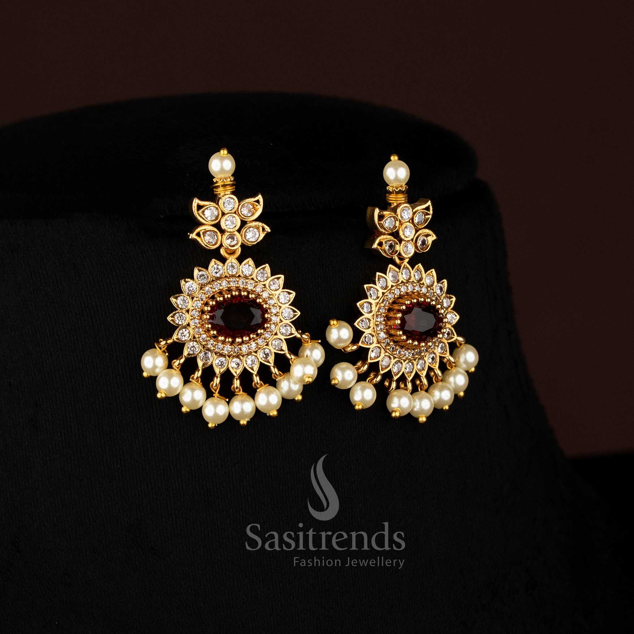 Luxurious Matte Gold Plated American Diamond Oval Linked Necklace Set with Cascading Paisley Stones and Pearls – Sasitrends - Image 3