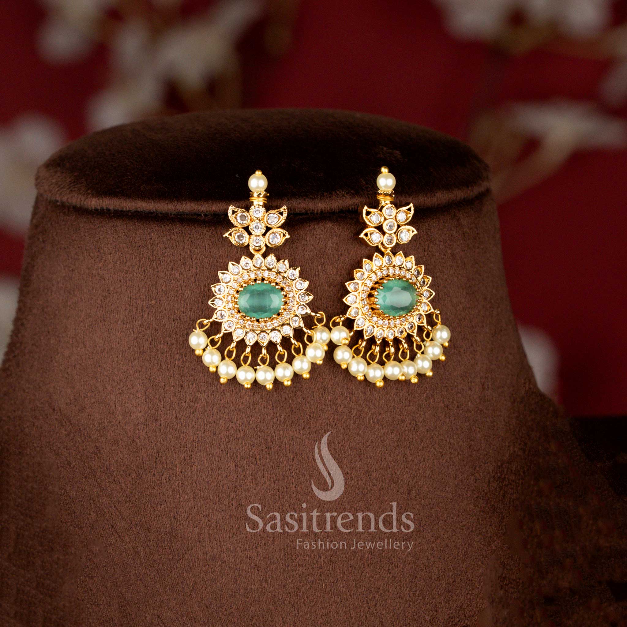 Luxurious Matte Gold Plated American Diamond Oval Linked Necklace Set with Cascading Paisley Stones and Pearls – Sasitrends - Image 9