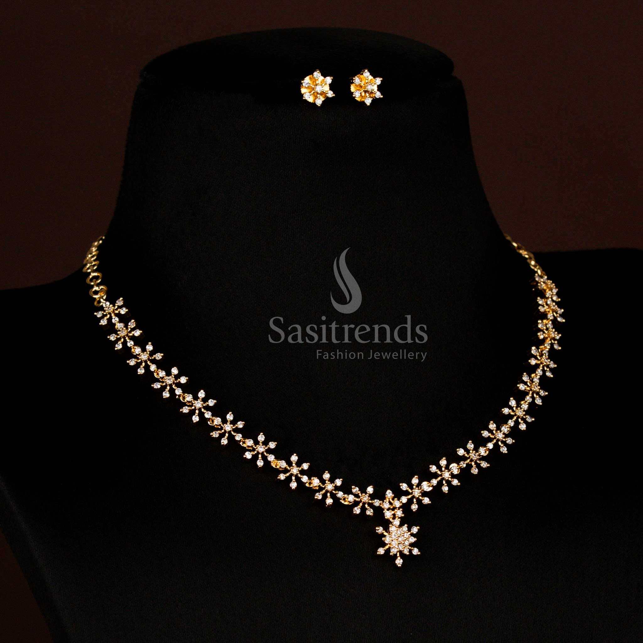 Luxurious American Diamond Gold & Silver Plated Floral Necklace with Earrings for Party Wear