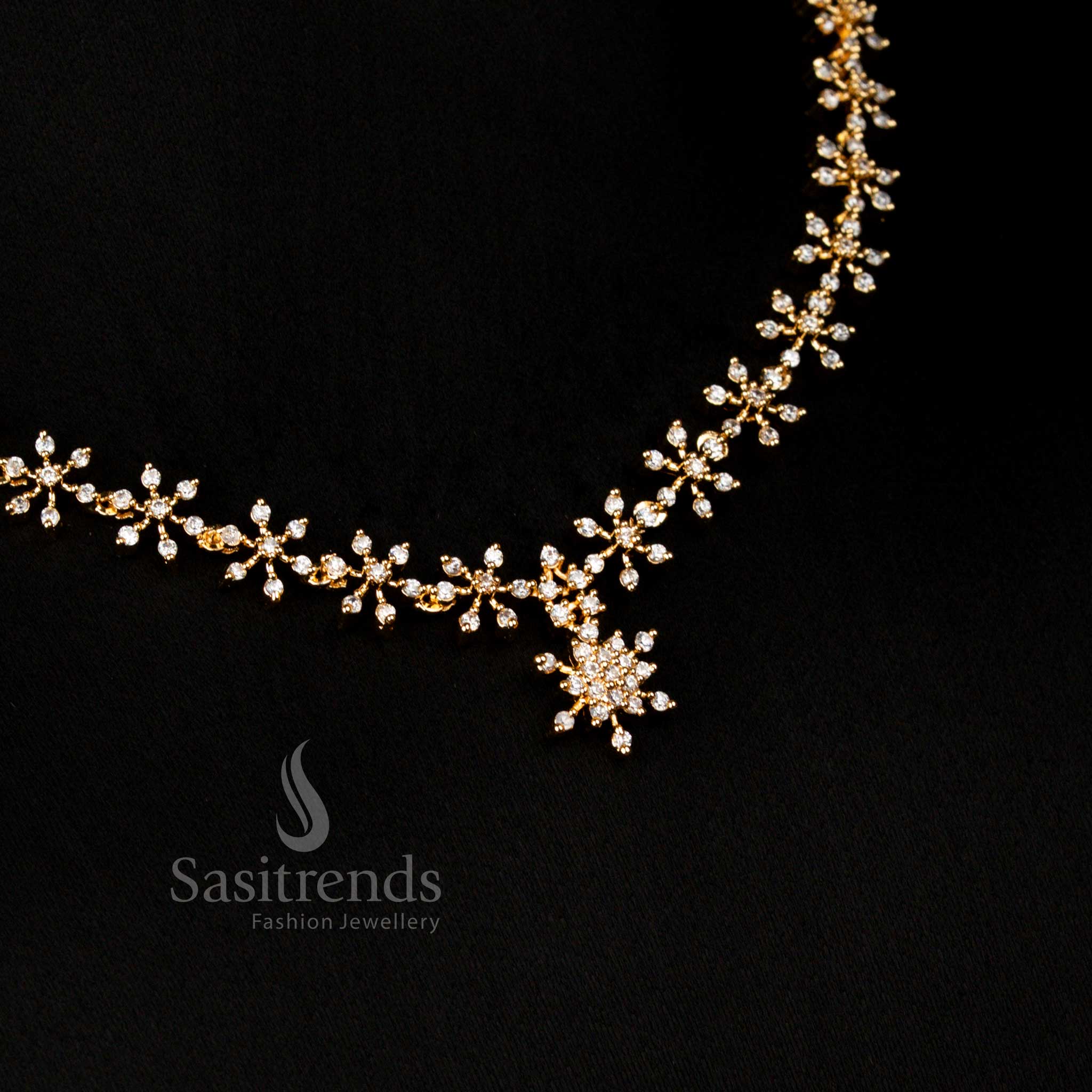 Luxurious American Diamond Gold & Silver Plated Floral Necklace with Earrings for Party Wear - Image 2