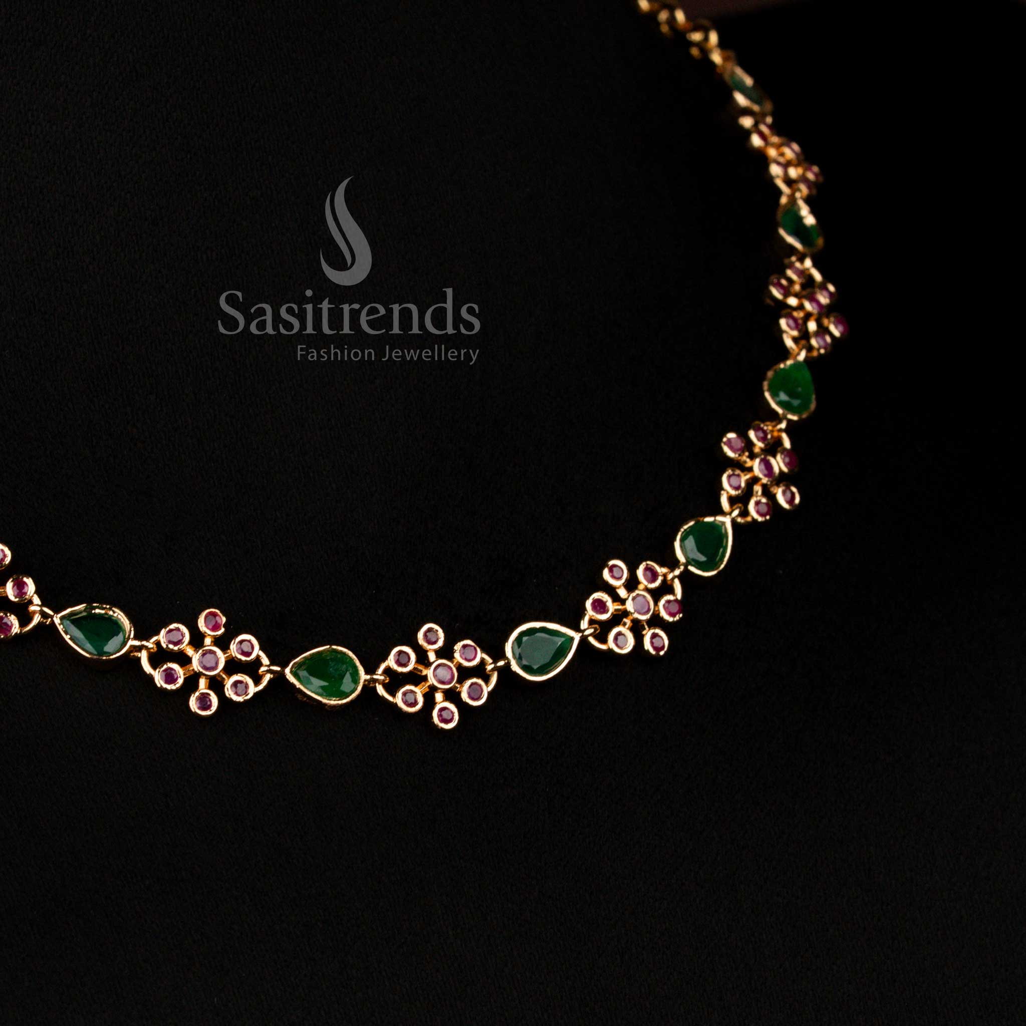 Royal Micro Gold Plated Floral with Teardrop American Diamond Necklace Jewellery Set for Bridal Party Wear - Image 2