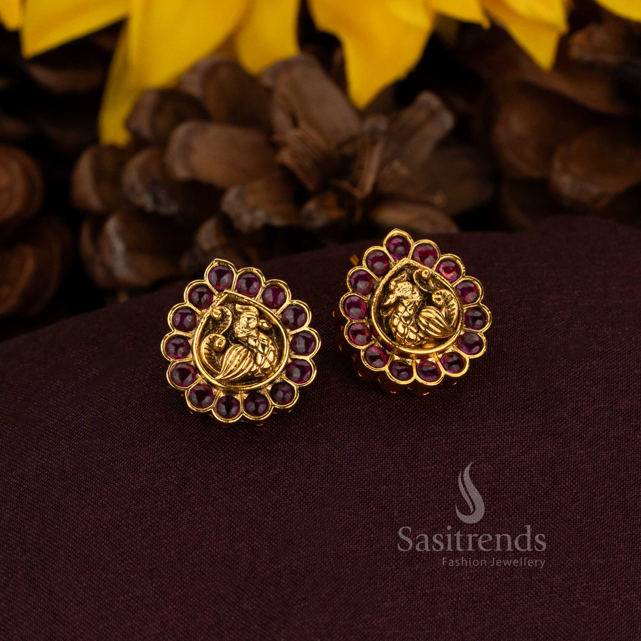 Elegant Matte Gold Plated AD Peacock Stud Earrings for Festivals and Celebrations - Image 2