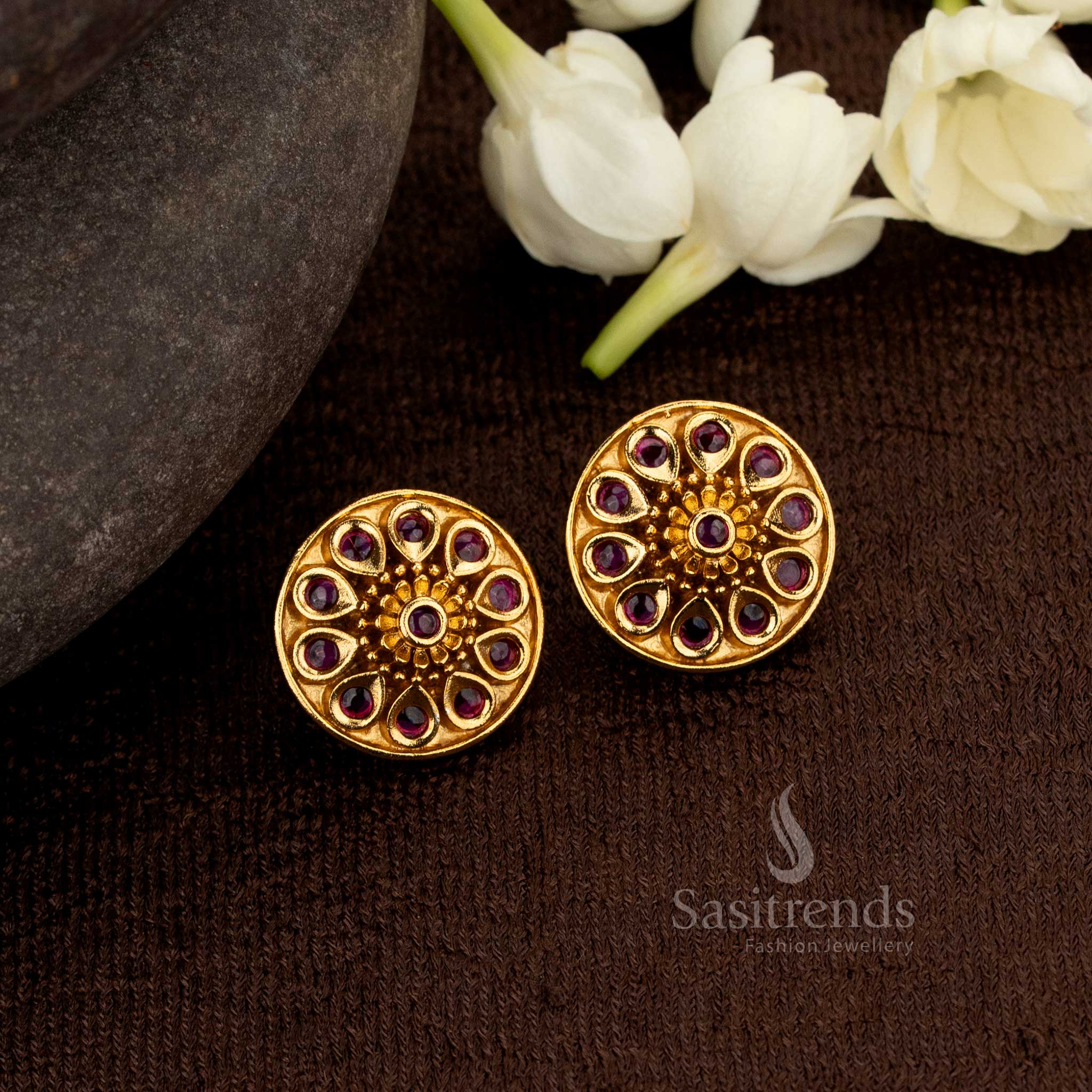 Exquisite Matte Gold Plated Stud Earrings with American Diamond & Multicolor Stones – Perfect for Temple Visits & Cultural Elegance – Sasitrends - Image 2