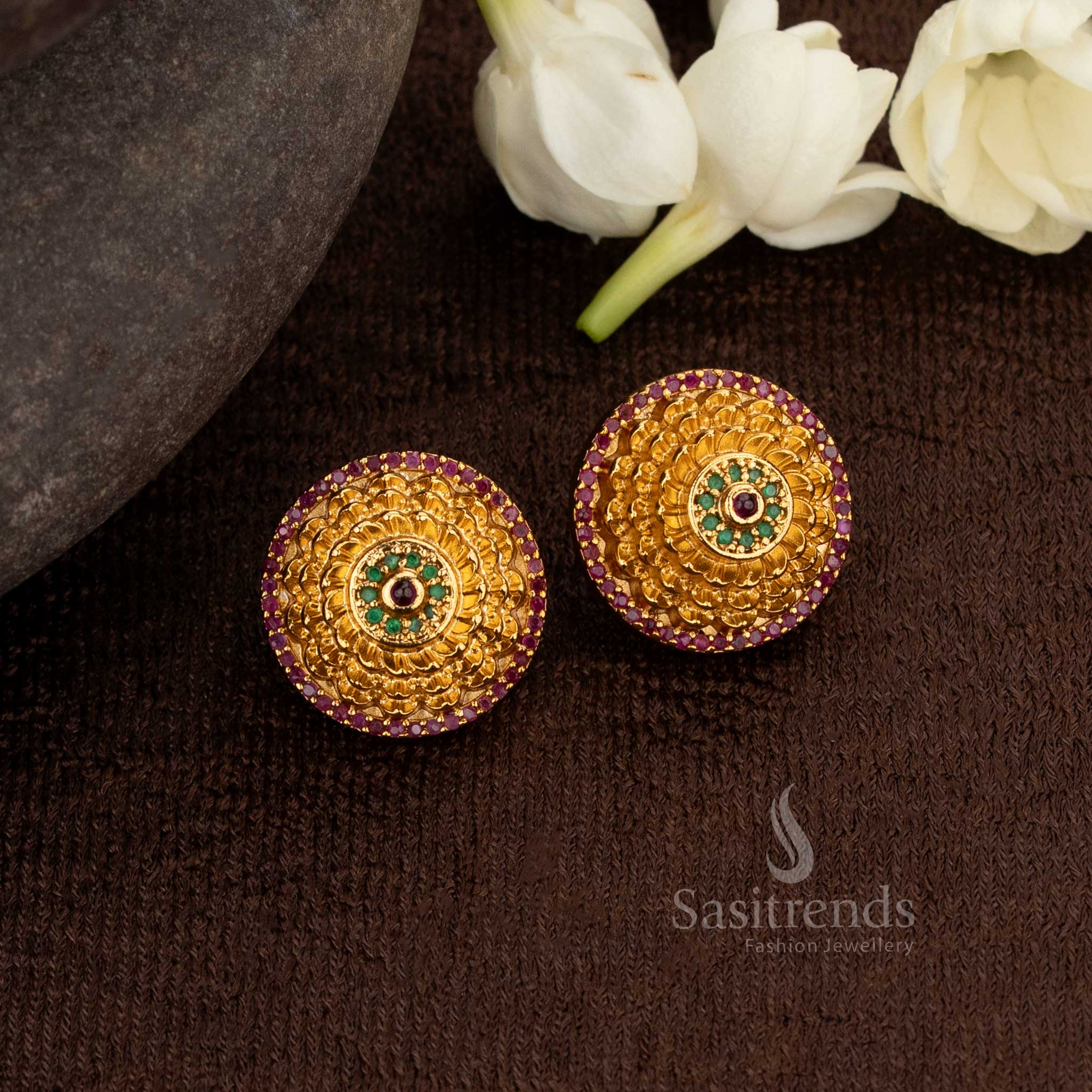 Opulent Round Matte Gold Plated AD Stud Earrings with Ornate Detailing – Best Suited for Cultural Celebrations – Sasitrends - Image 3