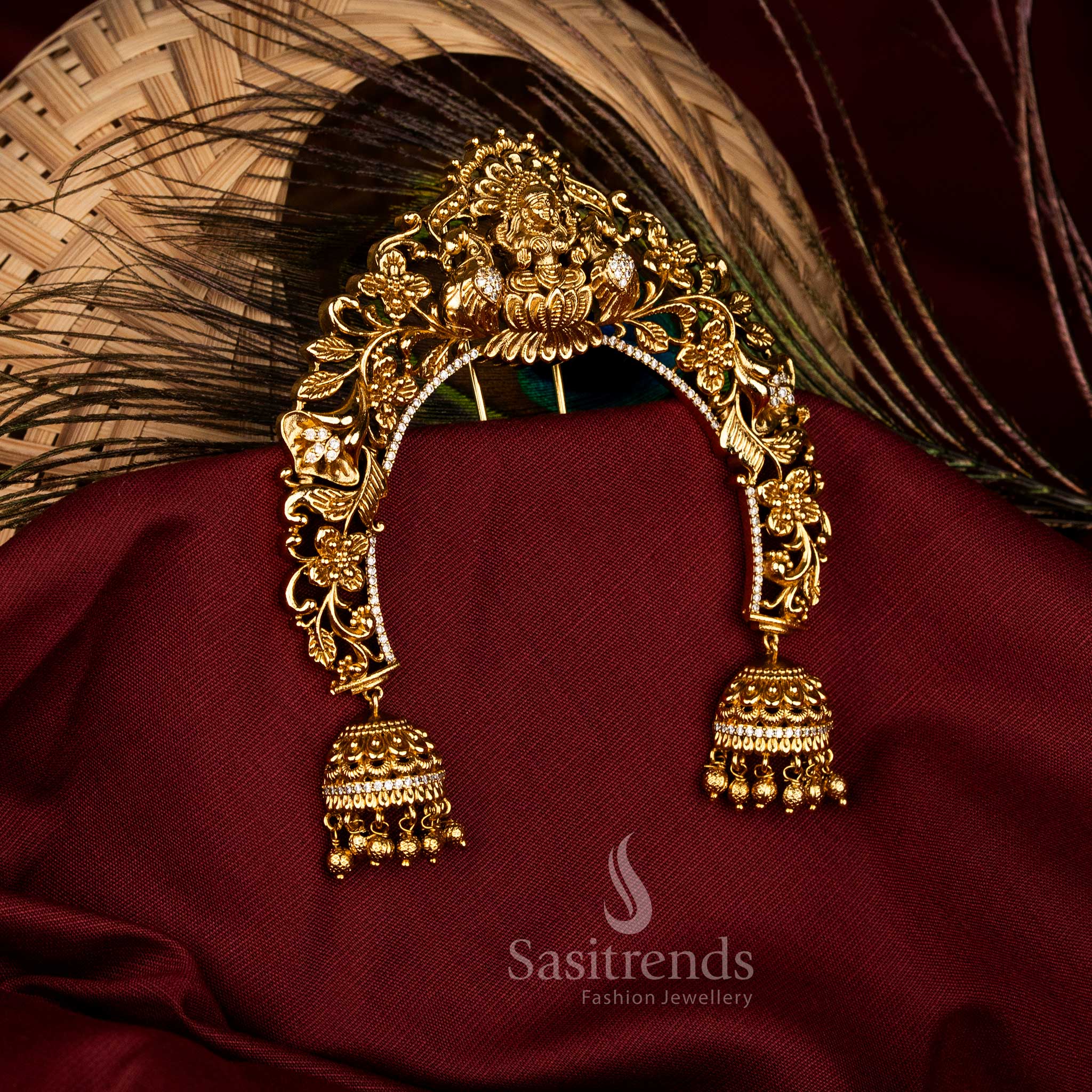 Majestic Traditional Temple Matte Gold Plated AD Bridal Arch Jadai Billai with Peacock and Lakshmi Heritage Designs - Image 2