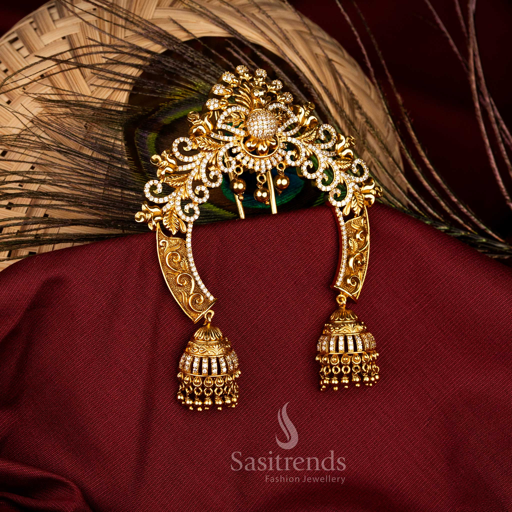 Majestic Traditional Temple Matte Gold Plated AD Bridal Arch Jadai Billai with Peacock and Lakshmi Heritage Designs - Image 3