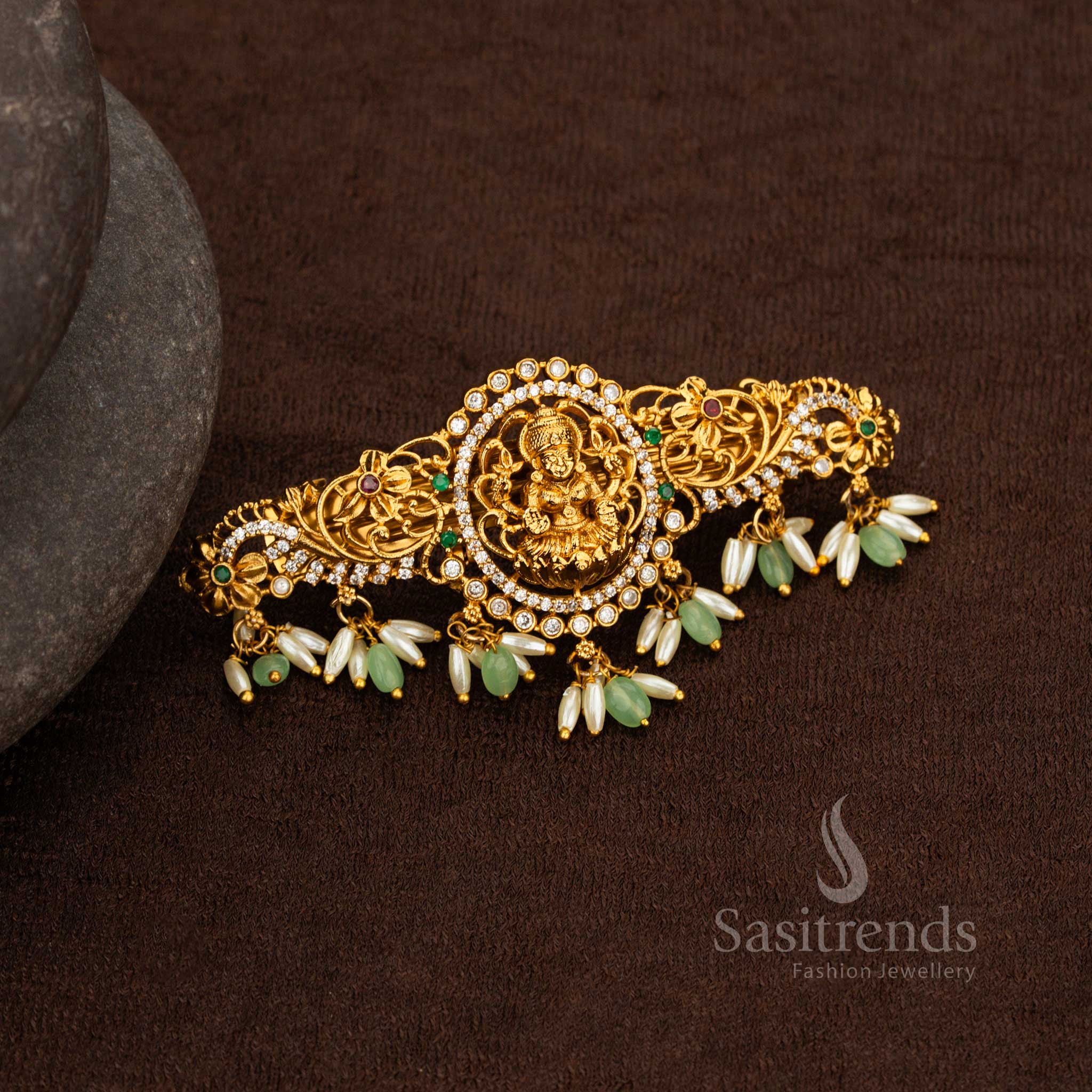 Temple Matte Gold Plated Oval Floral Lakshmi AD Rice Pearl Hair Clip for Weddings - Image 2