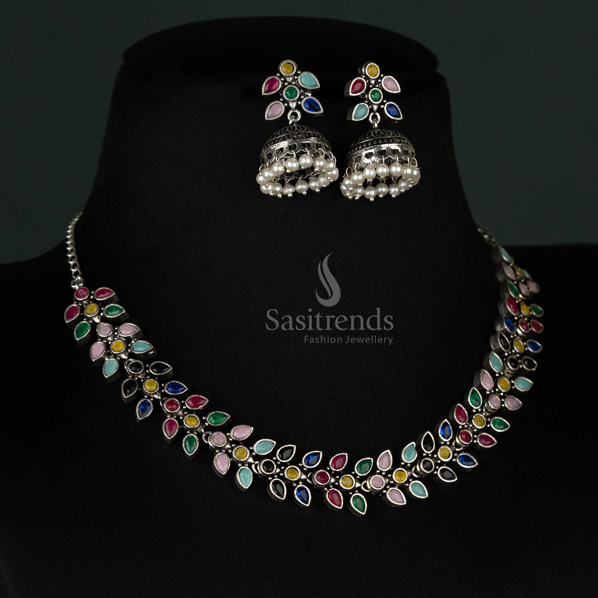 Sasitrends Latest Party Wear Madhavi Oxidised Stones Necklace Jewellery Set with Pearl Jhumkas for Women & Girls