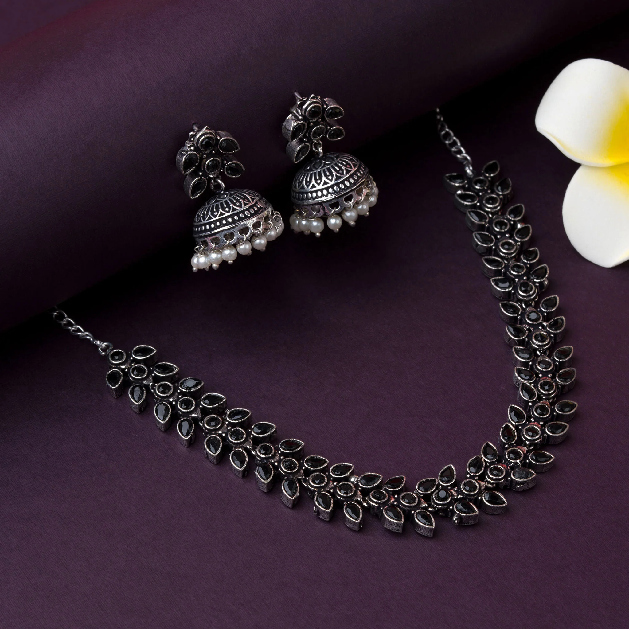 Sasitrends Latest Party Wear Madhavi Oxidised Stones Necklace Jewellery Set with Pearl Jhumkas for Women & Girls - Image 5