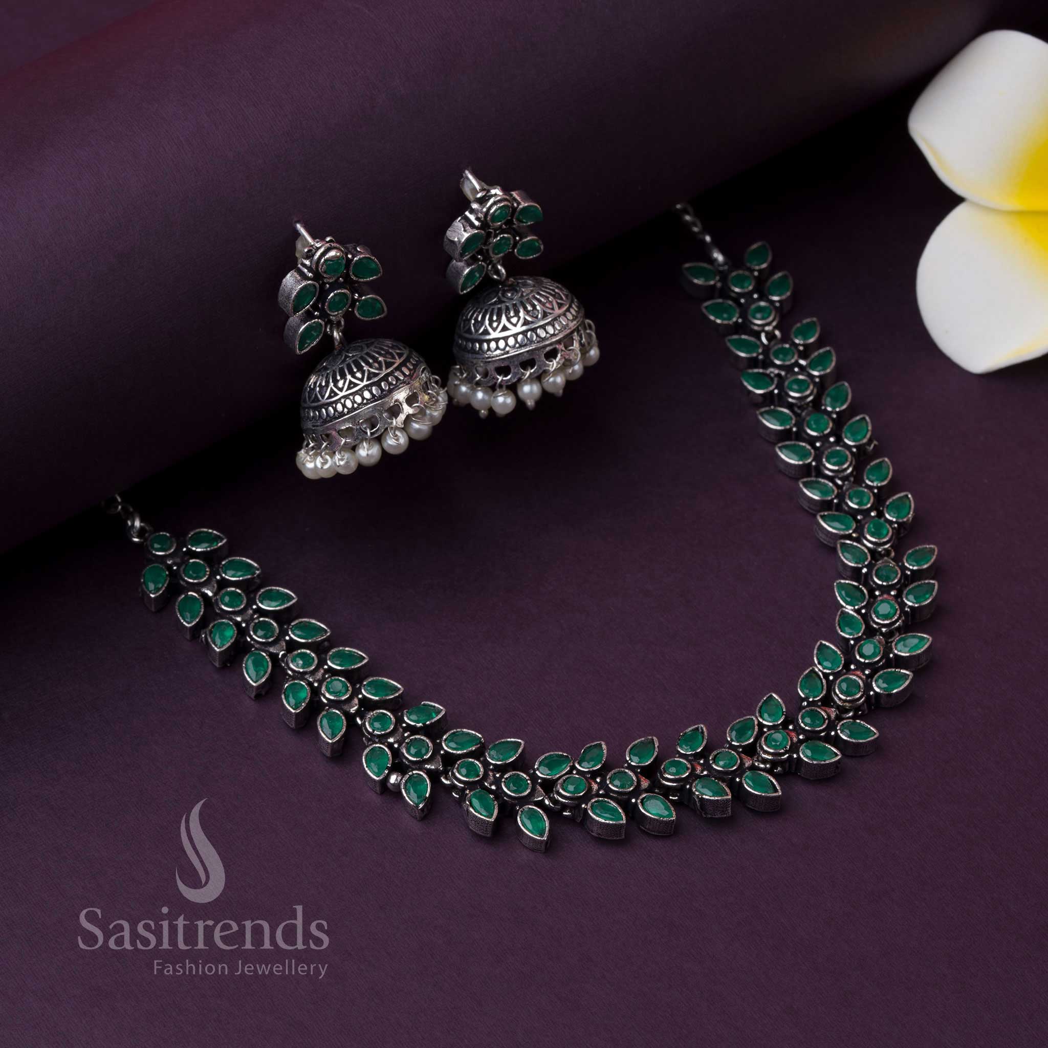 Sasitrends Latest Party Wear Madhavi Oxidised Stones Necklace Jewellery Set with Pearl Jhumkas for Women & Girls - Image 6