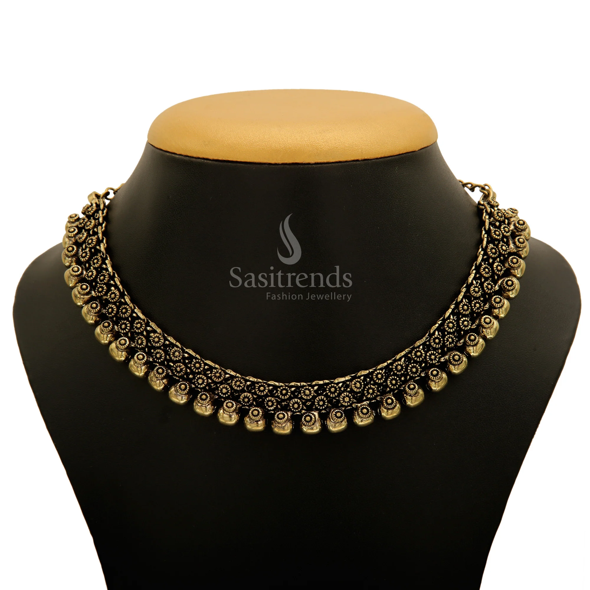 Madhura Crescent Ball Necklace in Oxidised Silver and Antique Gold - Image 3