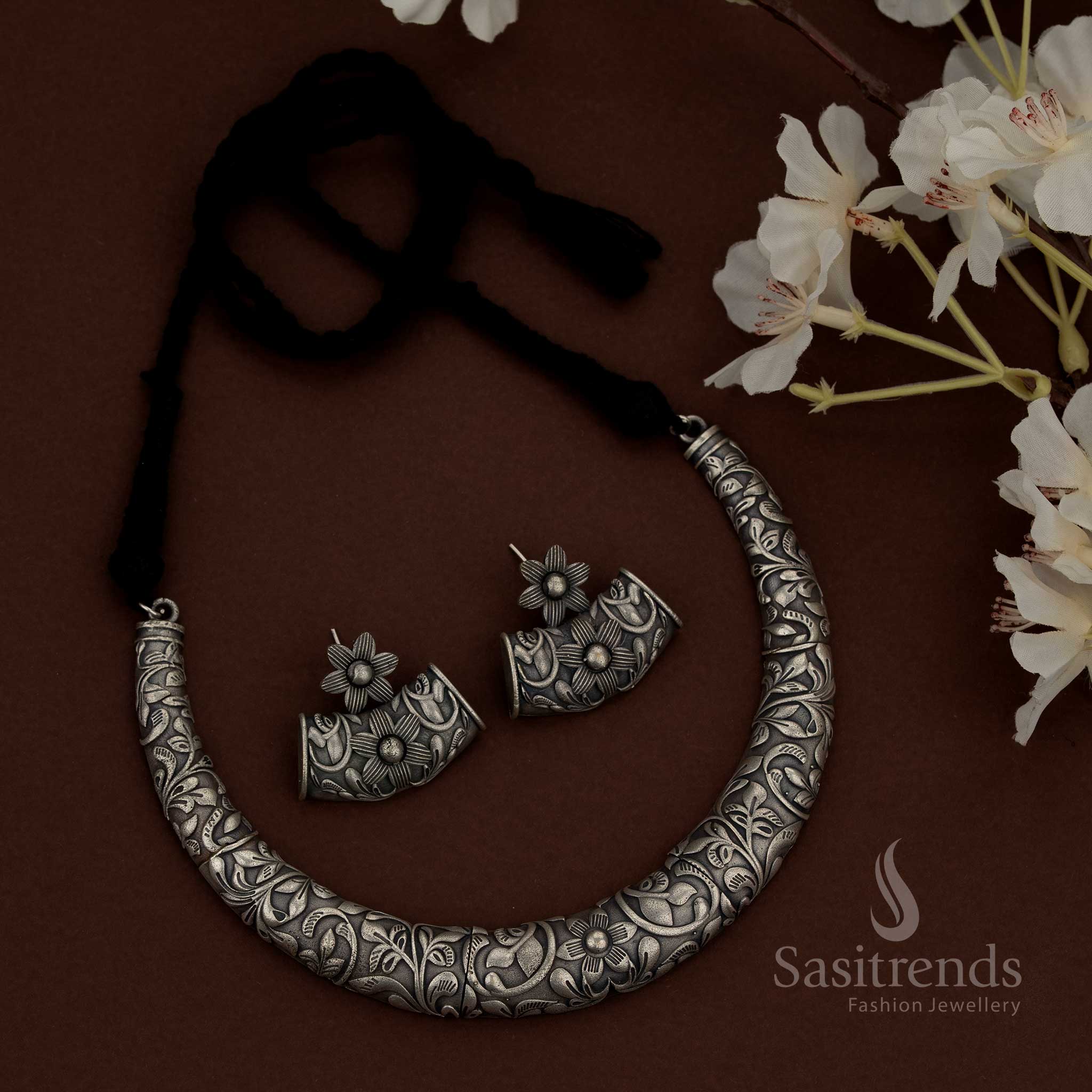 Wonderful Collections of 92.5 Silver Oxidised Plated Floral Tribal Husli Necklace Jewellery Set for Navaratri Circles & Ethnic Expressions