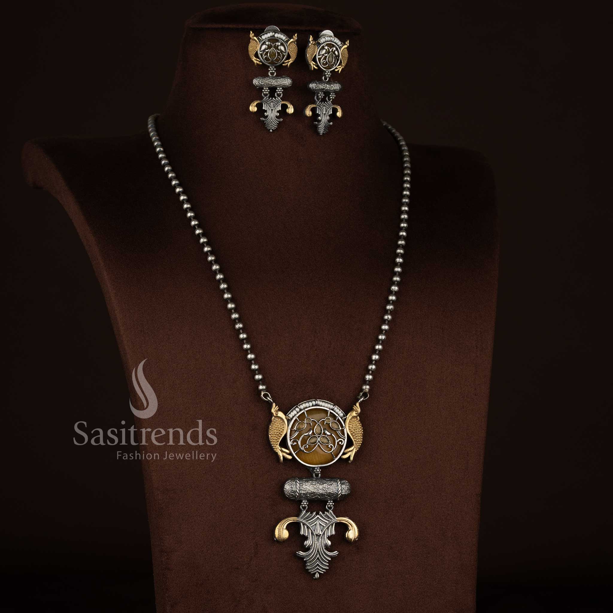 Antique Oxidised 92.5 Silver Plated Dual Fish Circular Medallion with Cylindrical Bar Bead Chain Pendant Long Necklace Jewellery Set - Image 4