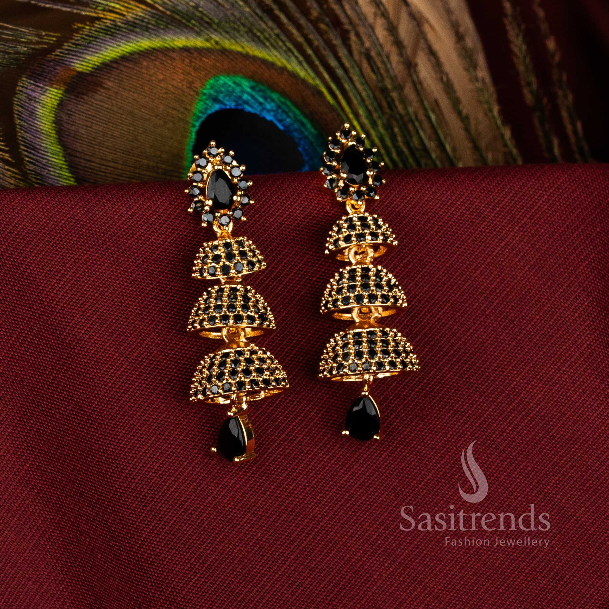 Majestic American Diamond Gold Plated Brass Triple Layer Bell Pattern Jhumka Earrings for FestiveWear - Image 2
