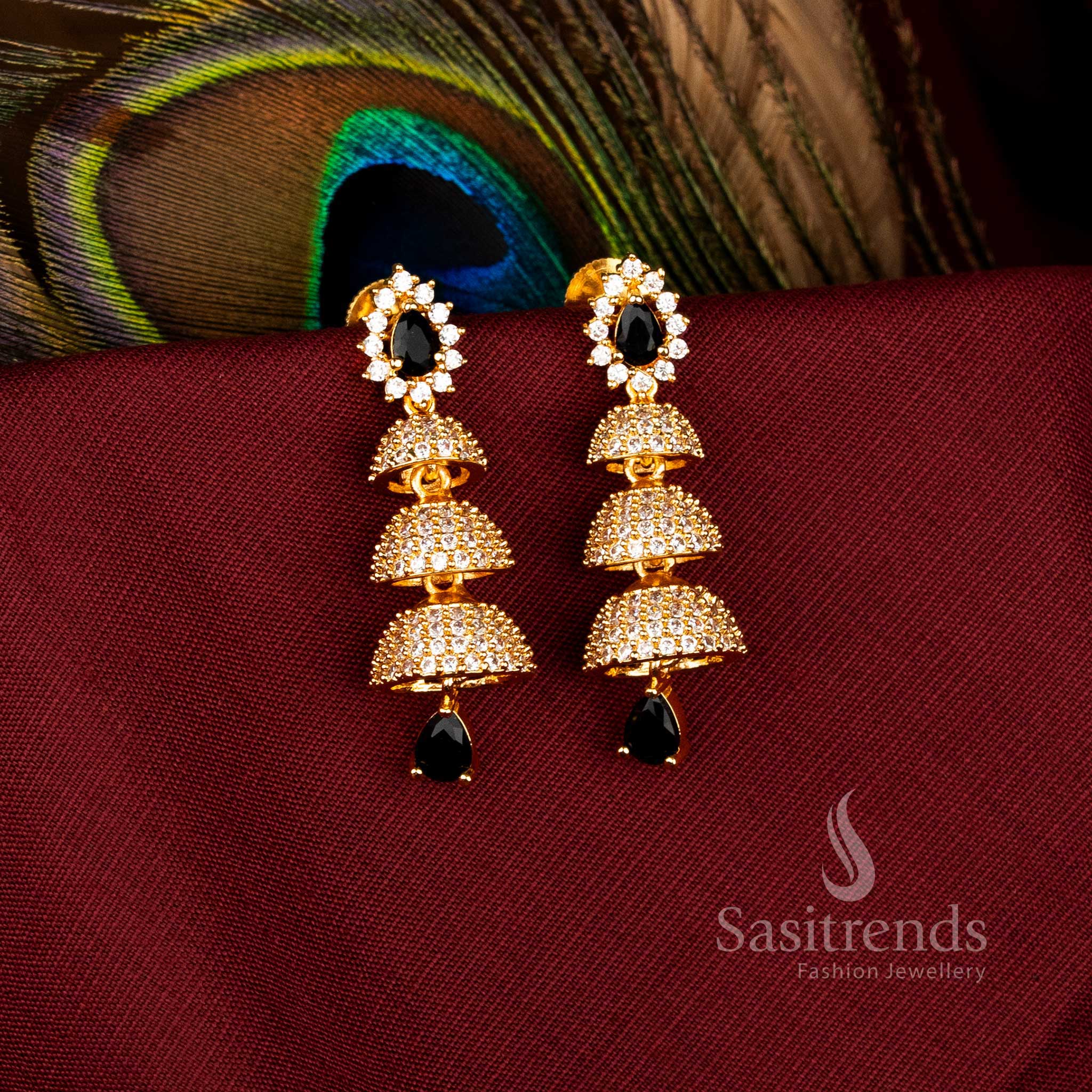 Majestic American Diamond Gold Plated Brass Triple Layer Bell Pattern Jhumka Earrings for FestiveWear - Image 4
