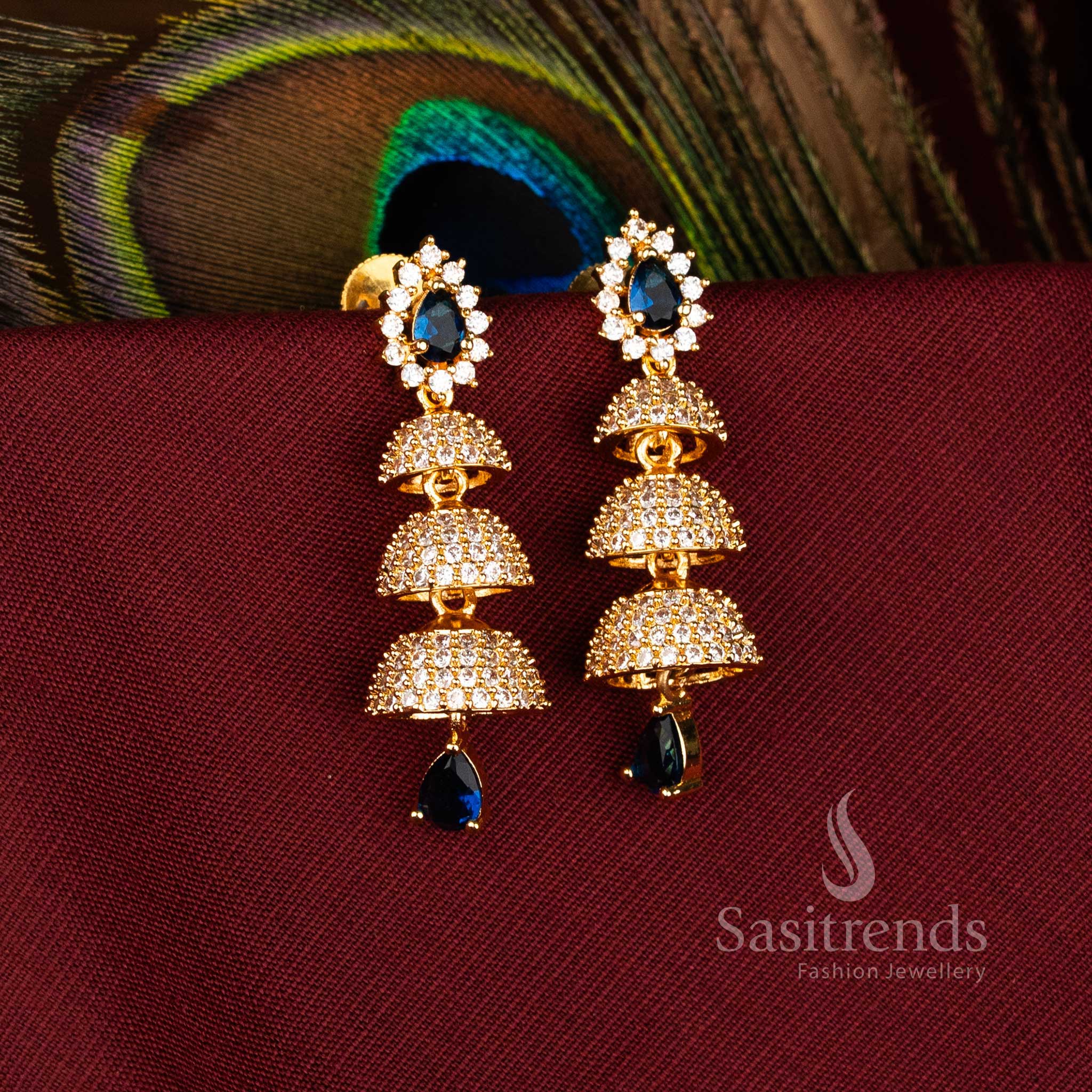 Majestic American Diamond Gold Plated Brass Triple Layer Bell Pattern Jhumka Earrings for FestiveWear - Image 5