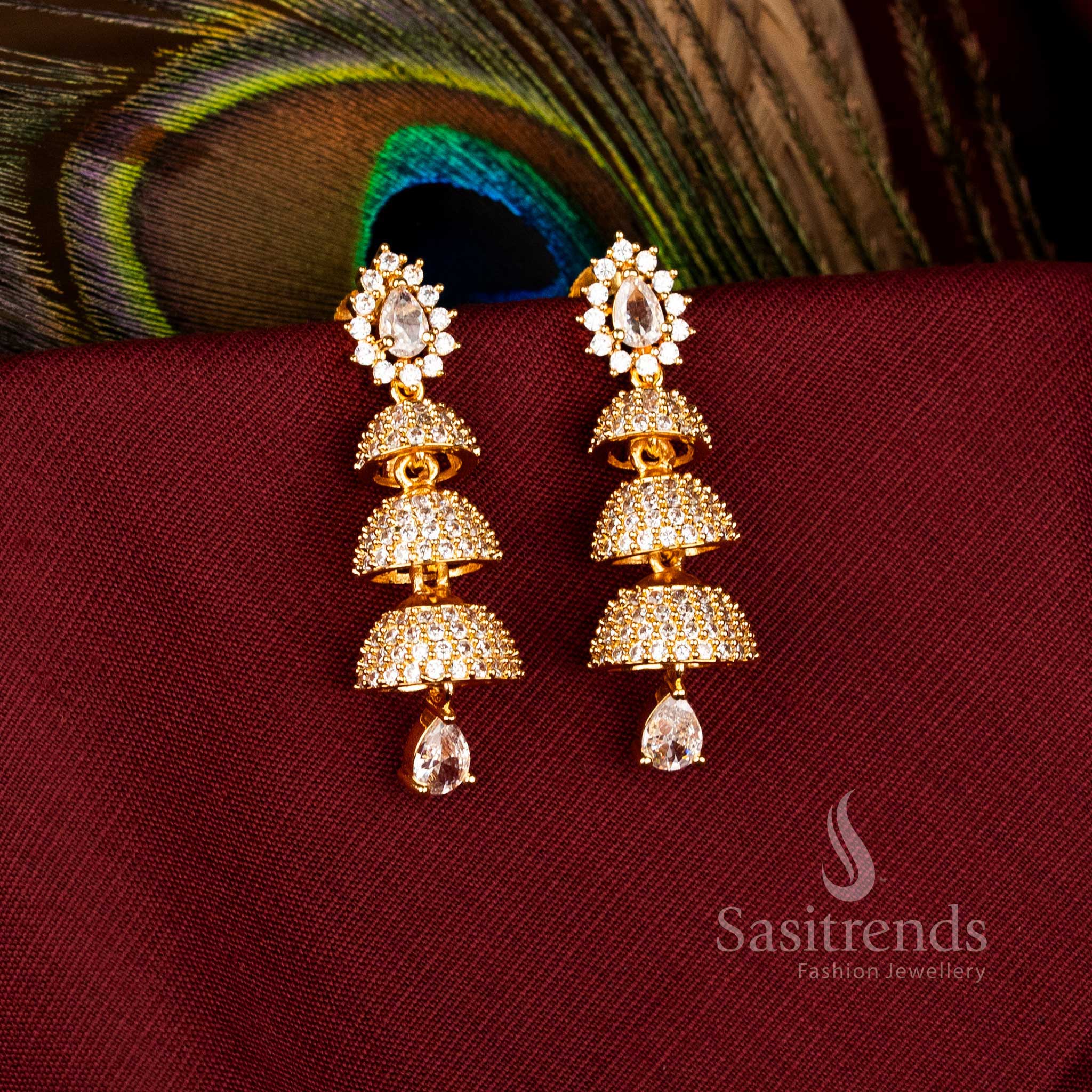 Majestic American Diamond Gold Plated Brass Triple Layer Bell Pattern Jhumka Earrings for FestiveWear - Image 6
