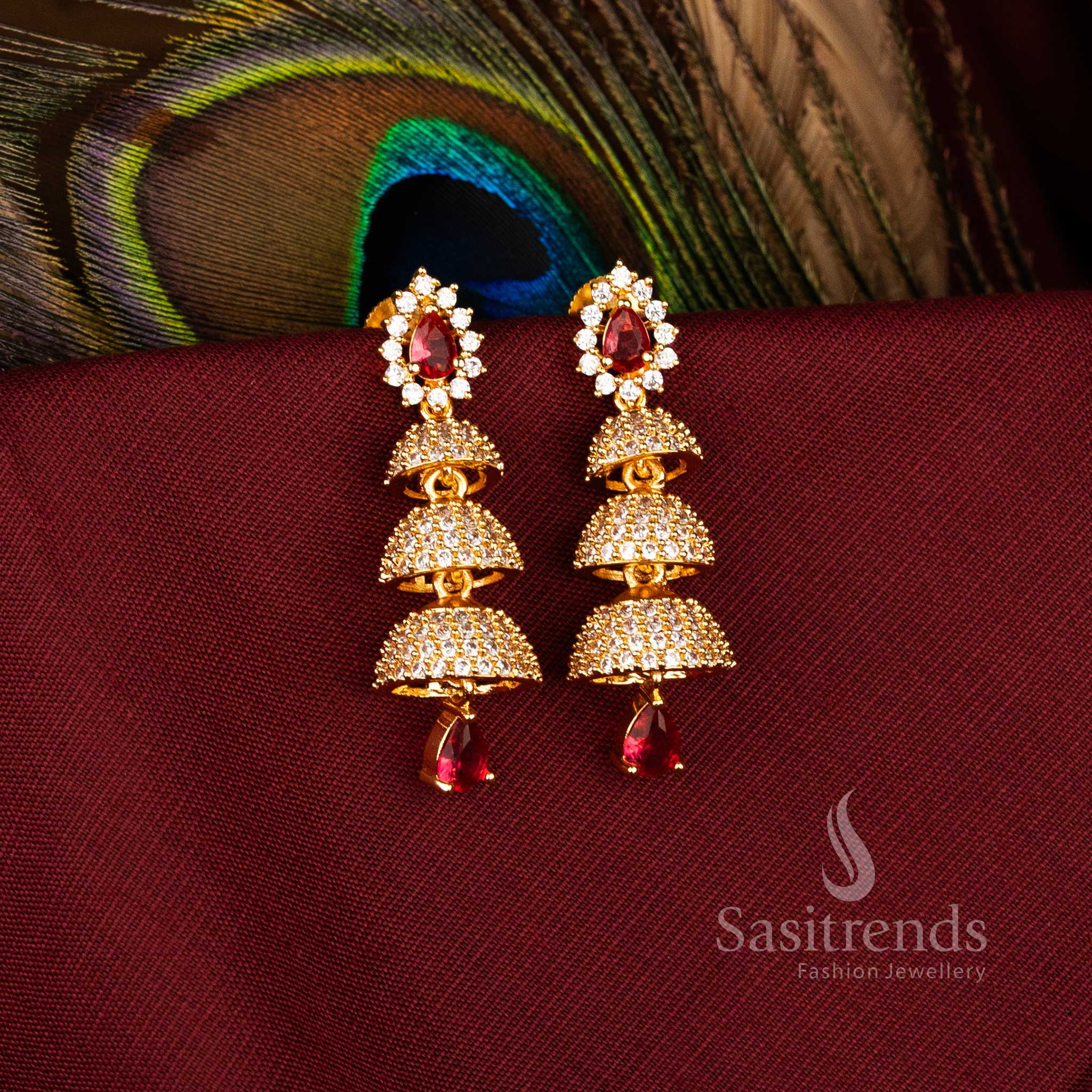 Majestic American Diamond Gold Plated Brass Triple Layer Bell Pattern Jhumka Earrings for FestiveWear - Image 7