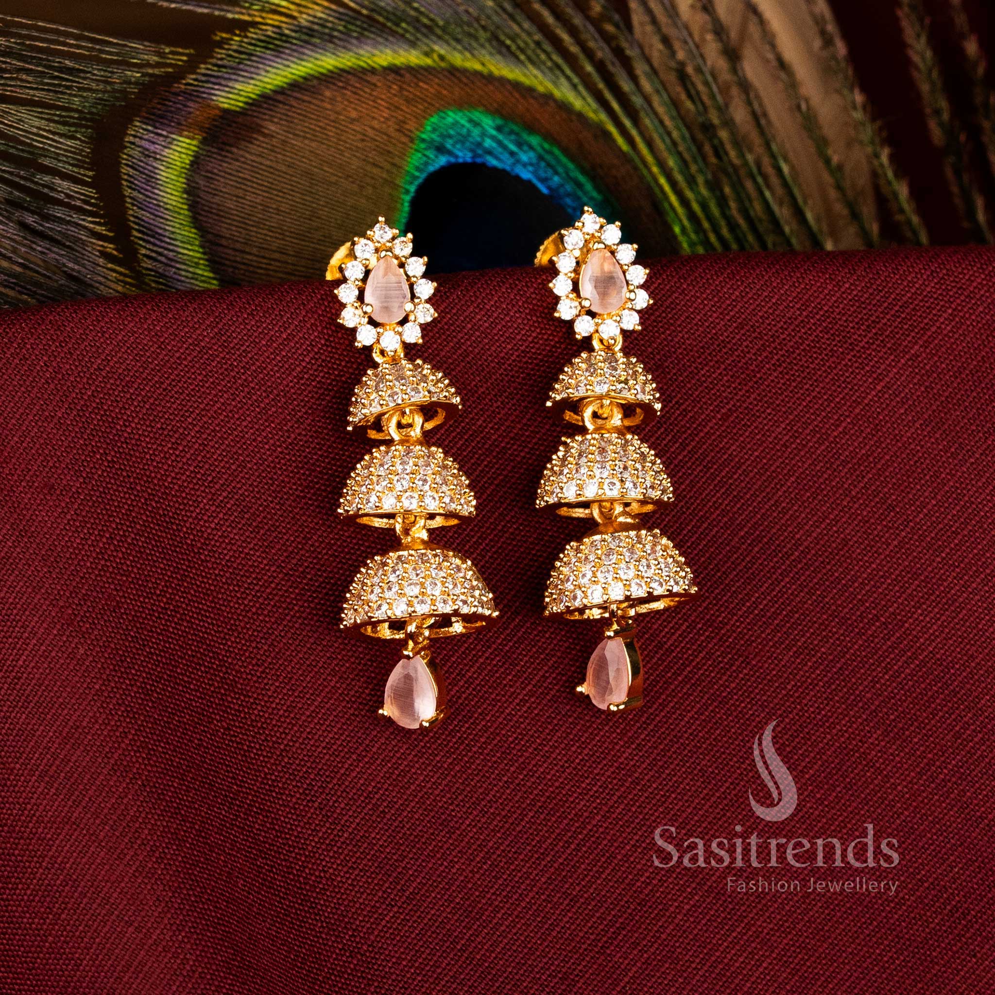 Majestic American Diamond Gold Plated Brass Triple Layer Bell Pattern Jhumka Earrings for FestiveWear - Image 8