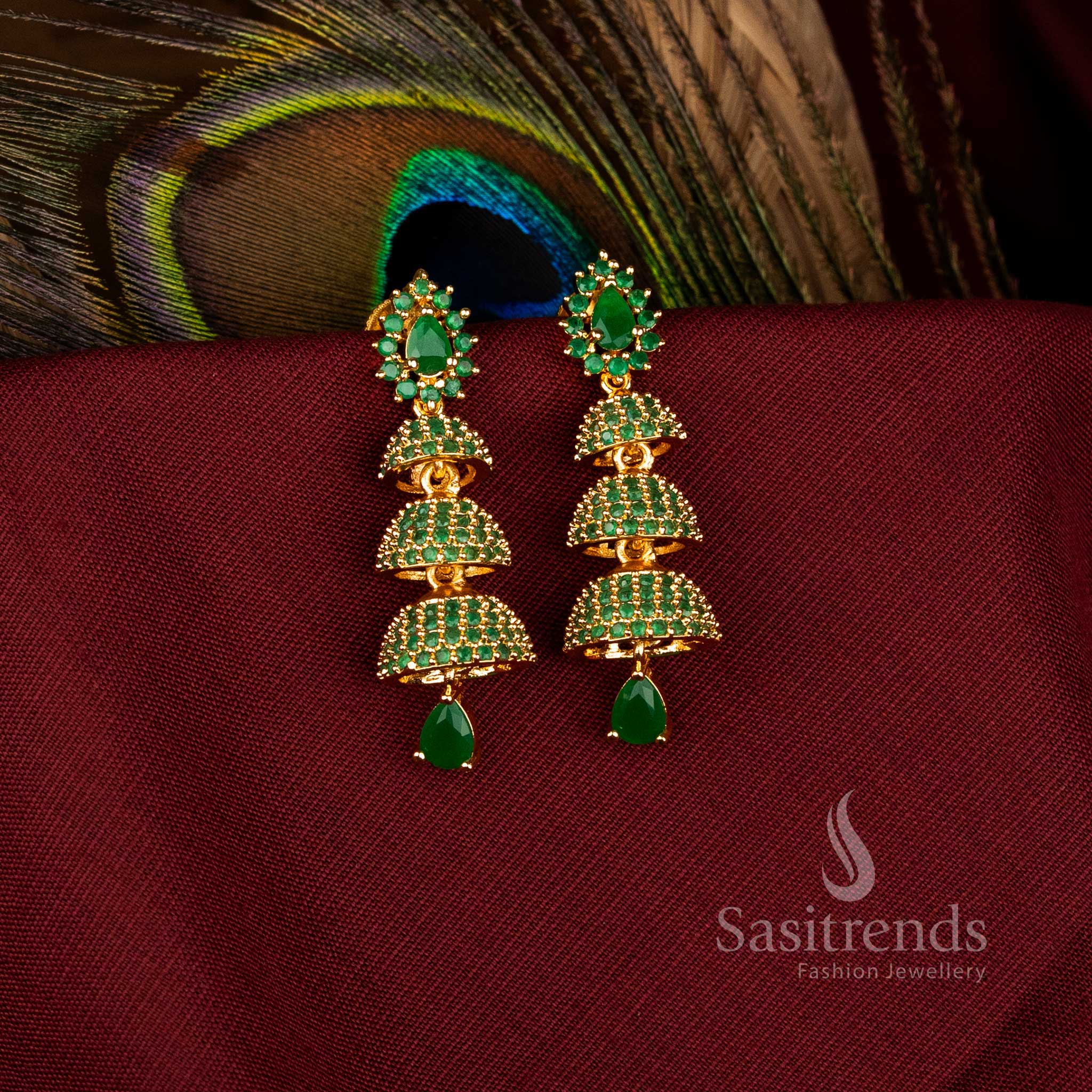 Majestic American Diamond Gold Plated Brass Triple Layer Bell Pattern Jhumka Earrings for FestiveWear - Image 9