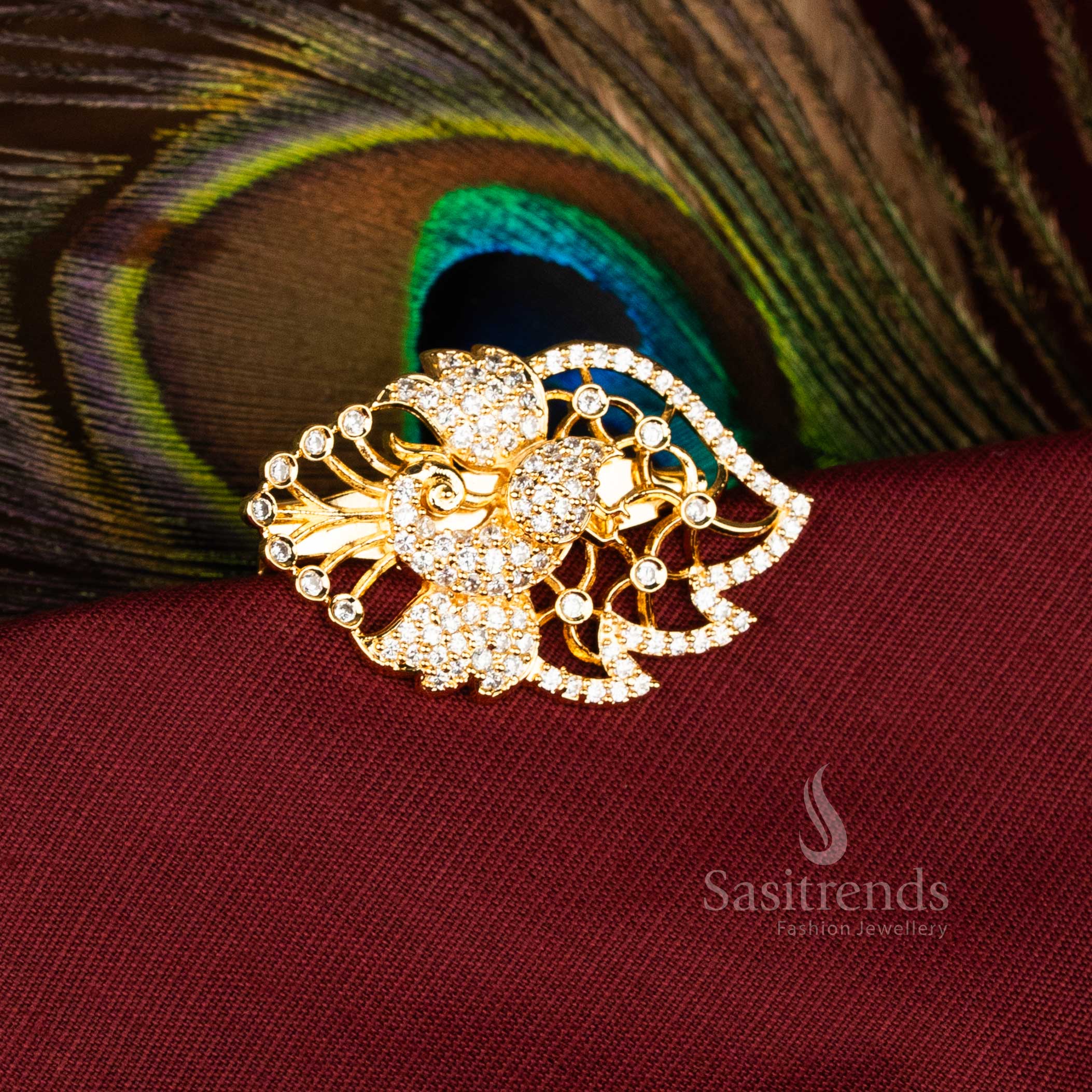 Majestic American Diamond Peacock Saree Pin with Micro Gold and Mahendi Finish for Festive, Bridal Wear - Image 3