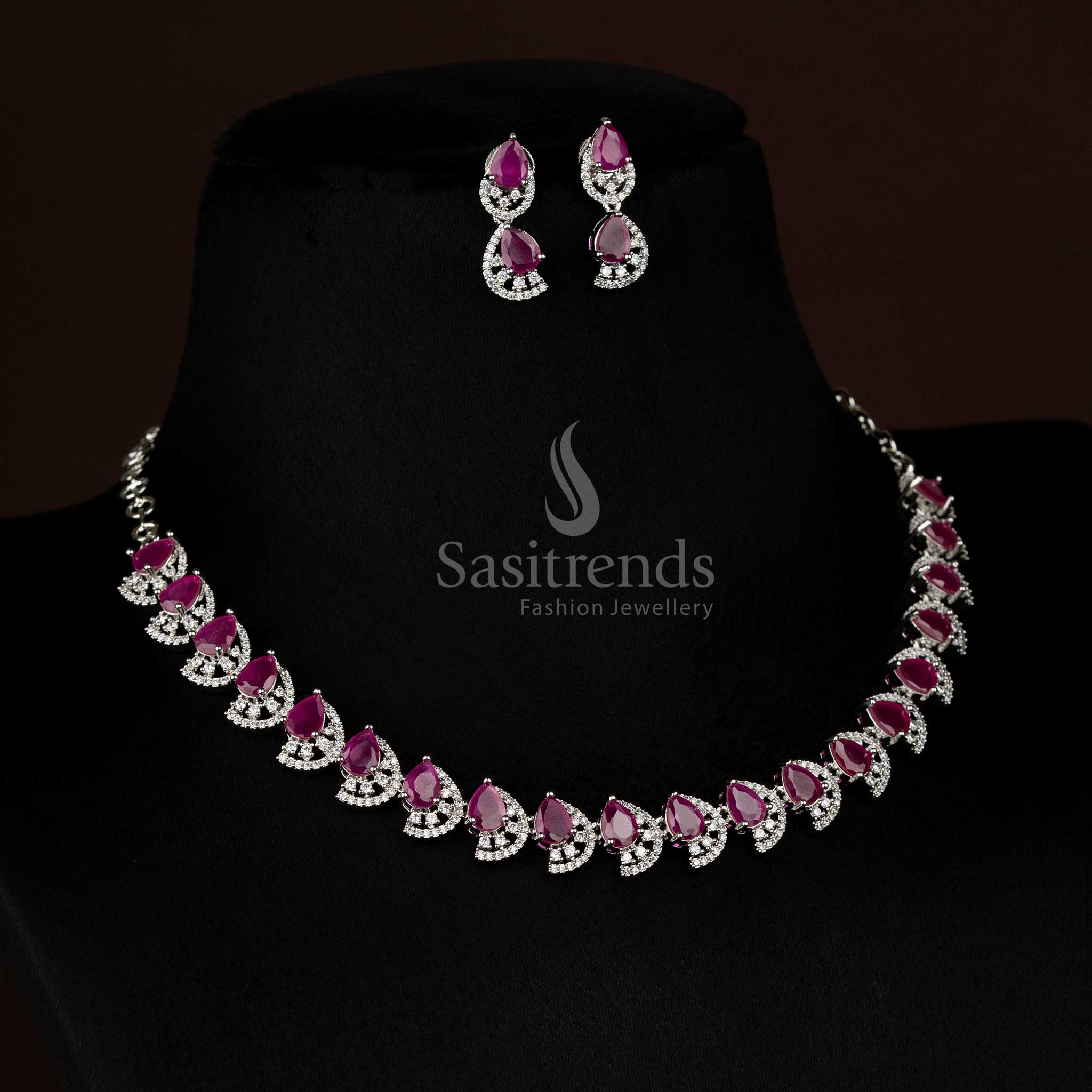Majestic Dual Finish Rhodium Silver and Gold Plated Teardrop Infinity American Diamond Necklace Jewellery Set for Festive Wear - Image 10