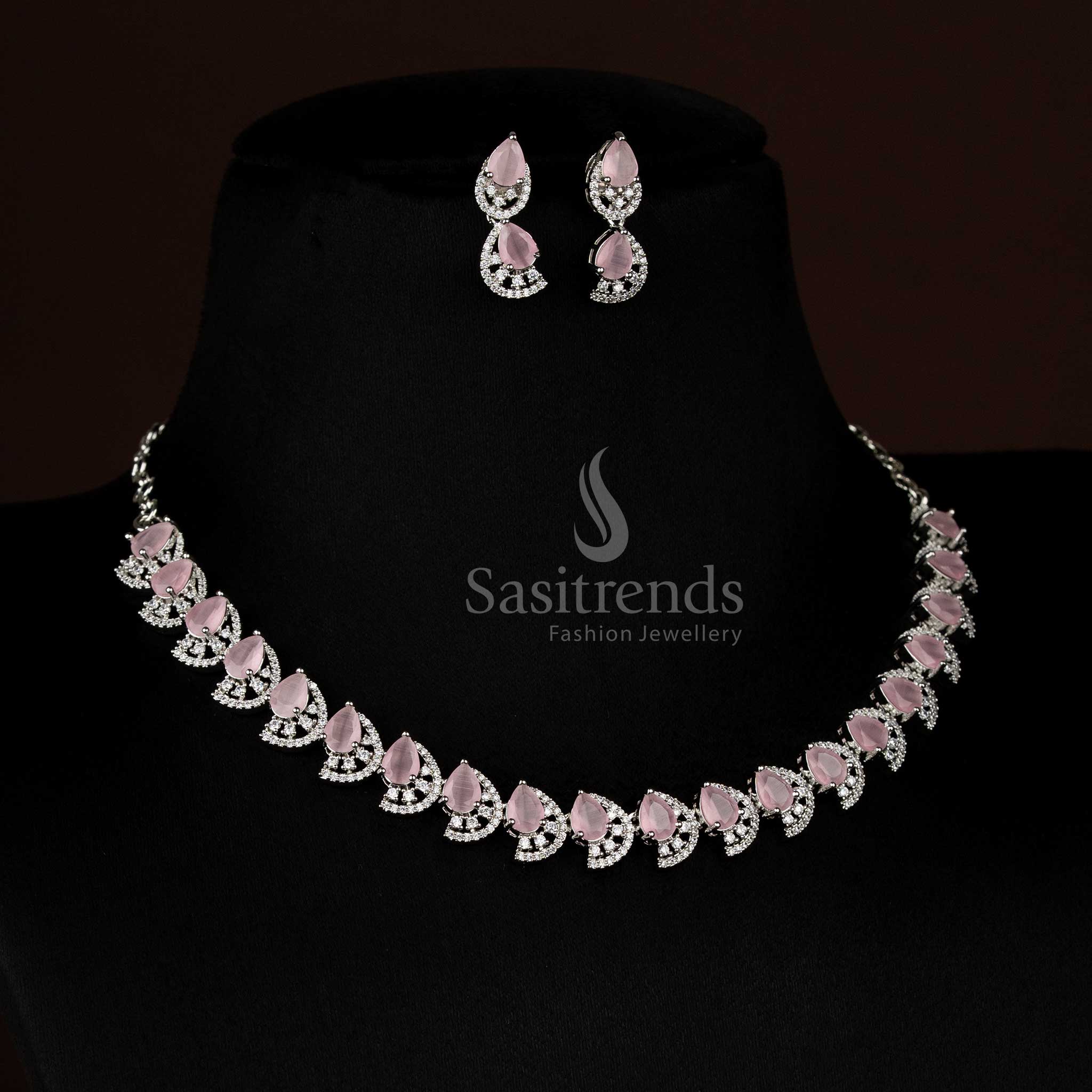 Majestic Dual Finish Rhodium Silver and Gold Plated Teardrop Infinity American Diamond Necklace Jewellery Set for Festive Wear - Image 11