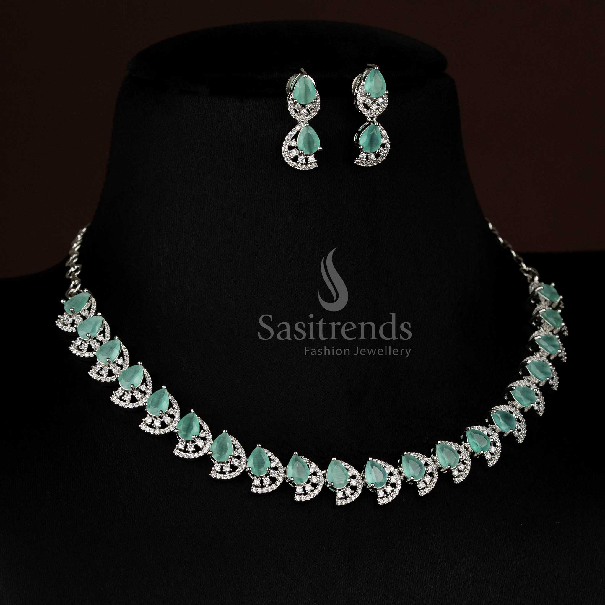 Majestic Dual Finish Rhodium Silver and Gold Plated Teardrop Infinity American Diamond Necklace Jewellery Set for Festive Wear - Image 12